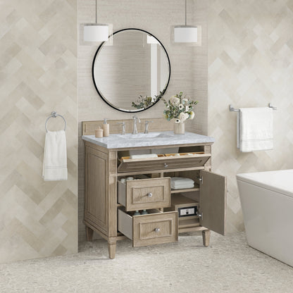 James Martin Vanities Lorelai 36" Whitewashed Oak Single Vanity With 3 CM Carrara White Marble Top