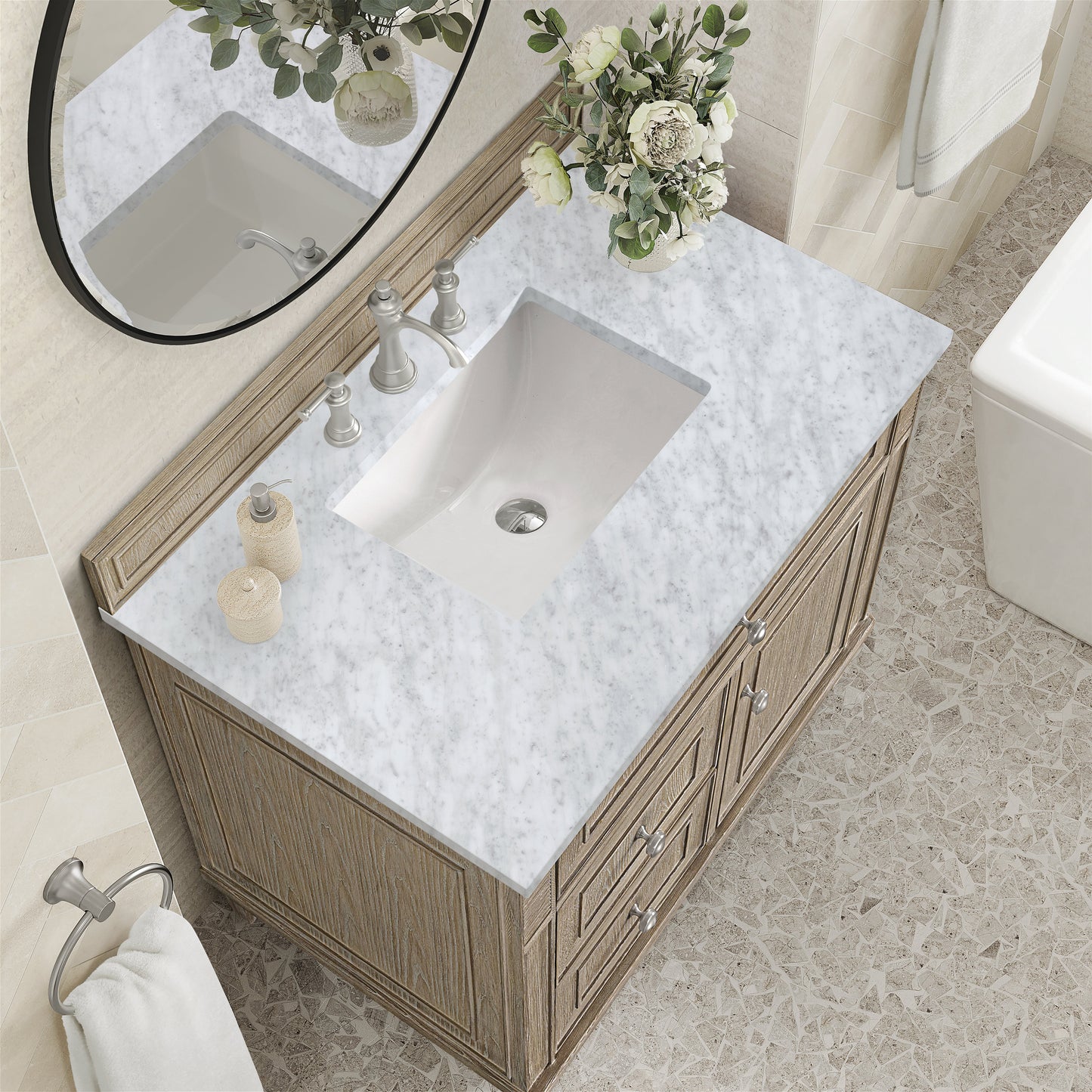 James Martin Vanities Lorelai 36" Whitewashed Oak Single Vanity With 3 CM Carrara White Marble Top