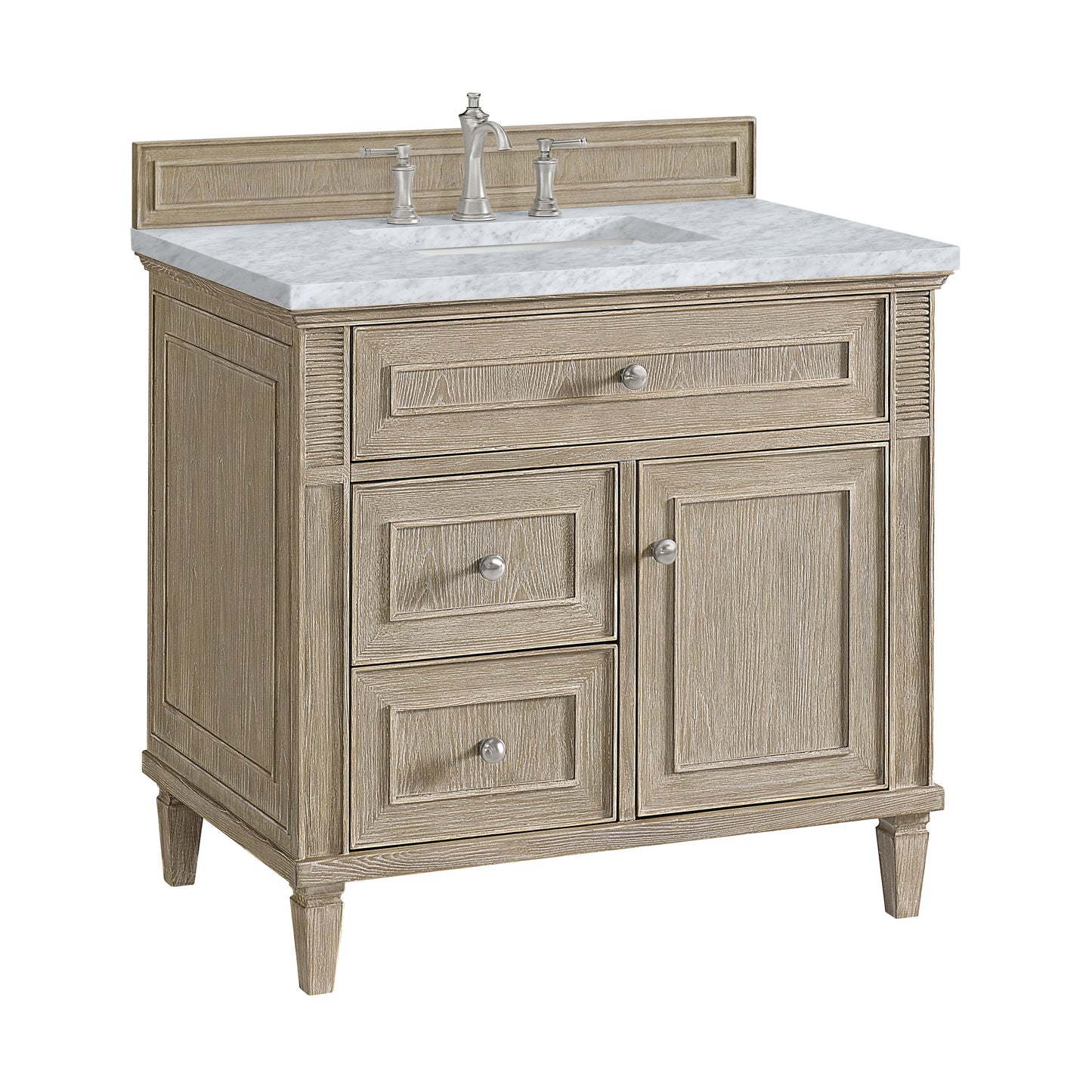 James Martin Vanities Lorelai 36" Whitewashed Oak Single Vanity With 3 CM Carrara White Marble Top