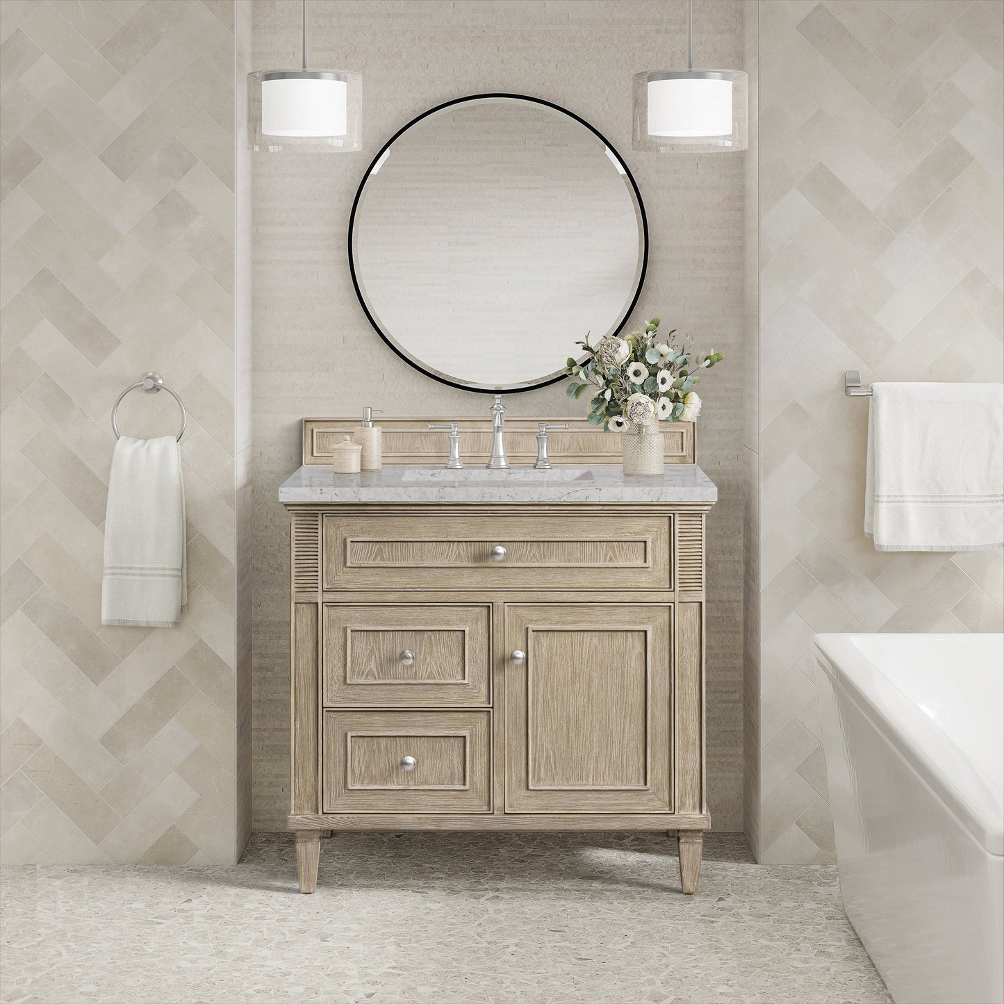 James Martin Vanities Lorelai 36" Whitewashed Oak Single Vanity With 3 CM Eternal Jasmine Pearl Quartz Top