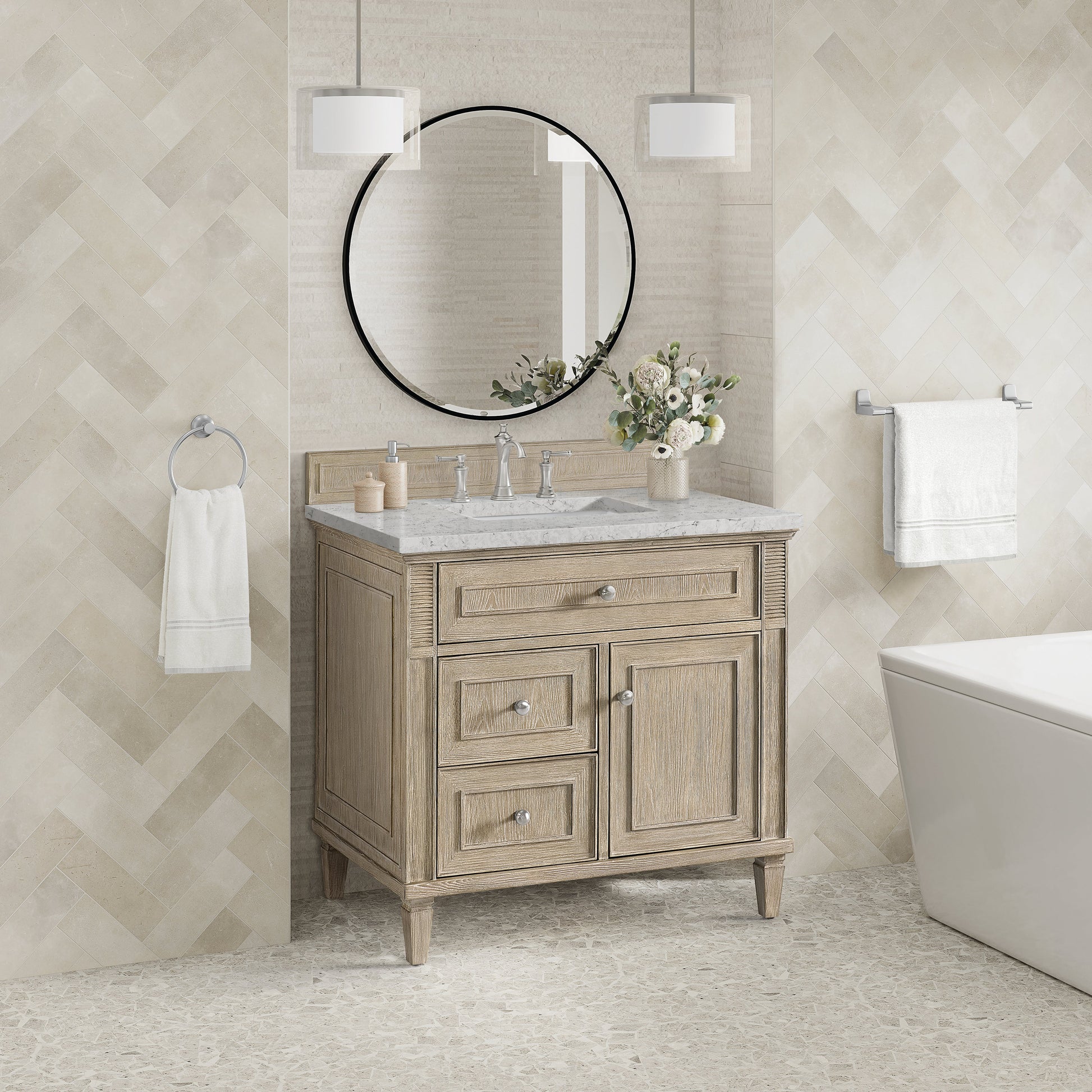 James Martin Vanities Lorelai 36" Whitewashed Oak Single Vanity With 3 CM Eternal Jasmine Pearl Quartz Top