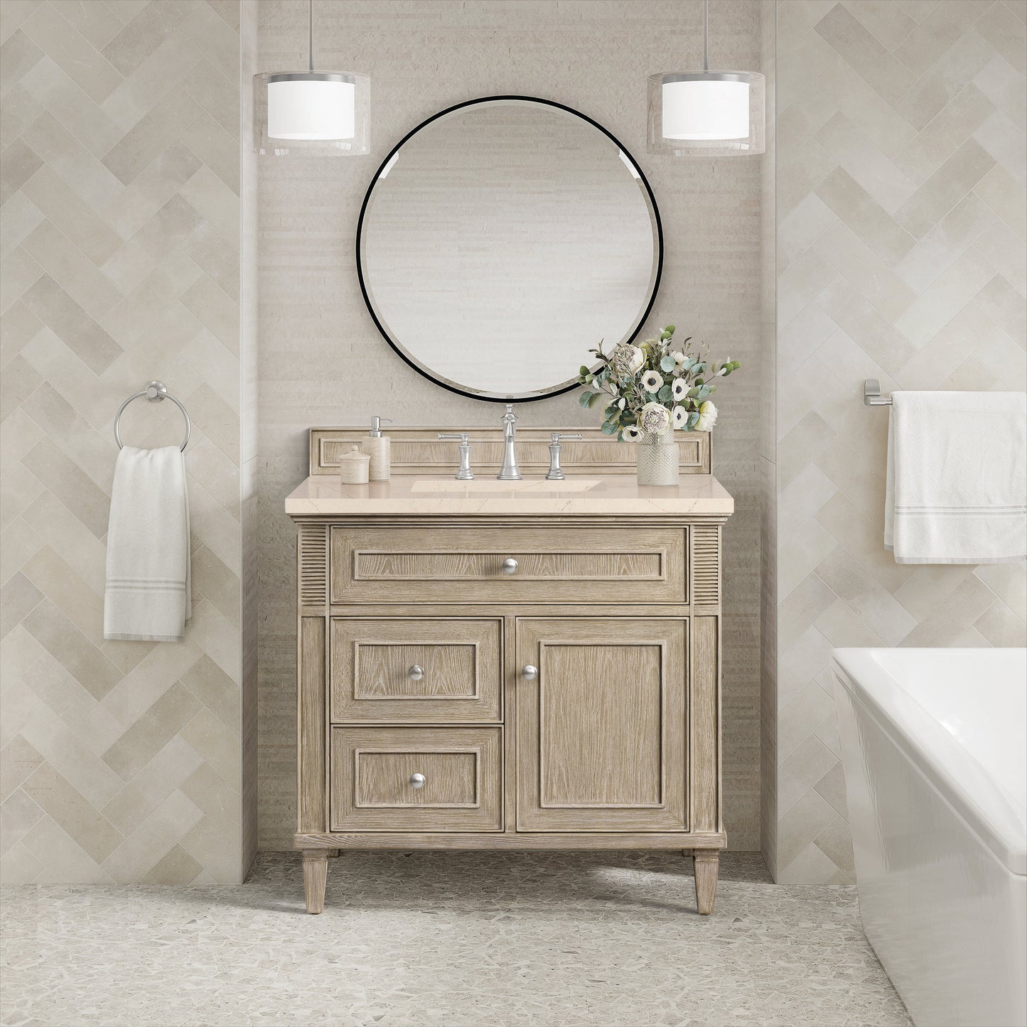 James Martin Vanities Lorelai 36" Whitewashed Oak Single Vanity With 3 CM Eternal Marfil Quartz Top