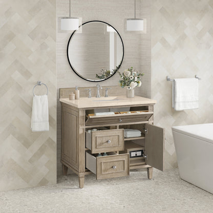 James Martin Vanities Lorelai 36" Whitewashed Oak Single Vanity With 3 CM Eternal Marfil Quartz Top