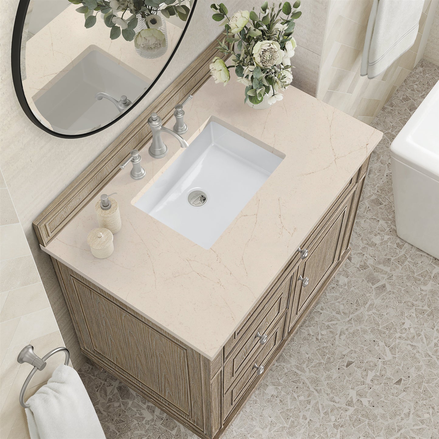 James Martin Vanities Lorelai 36" Whitewashed Oak Single Vanity With 3 CM Eternal Marfil Quartz Top