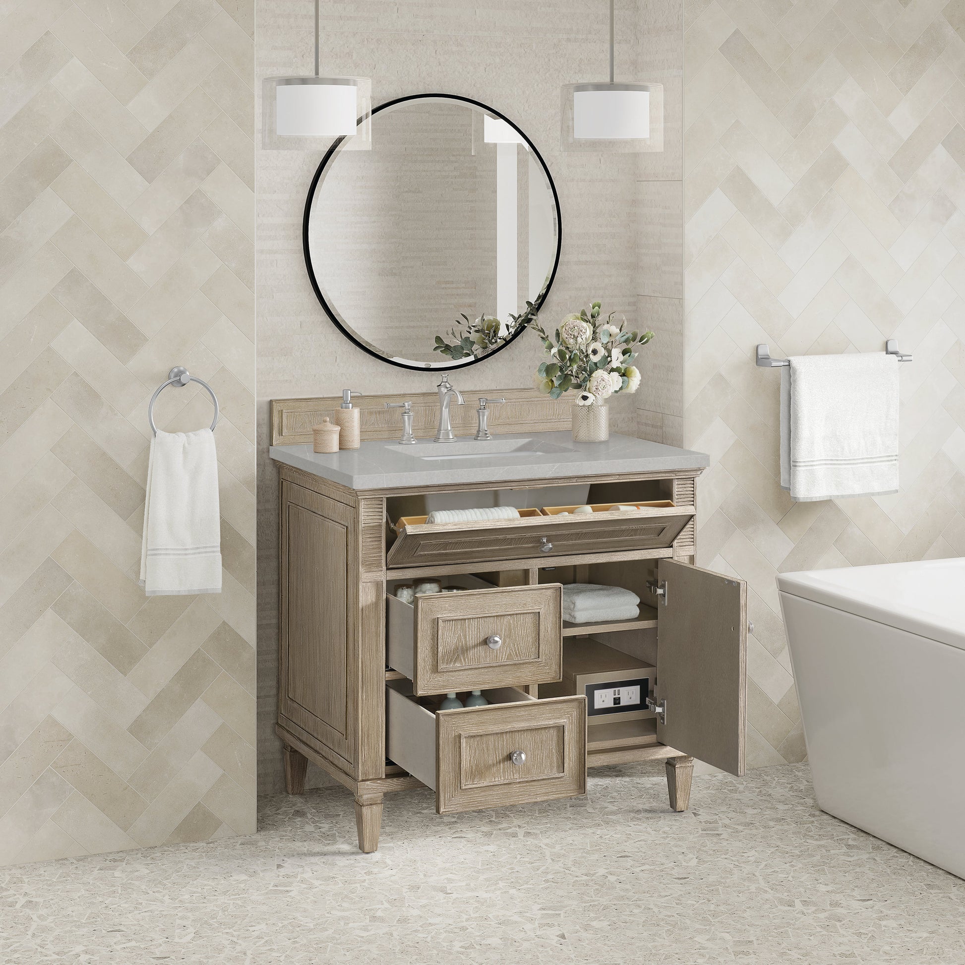 James Martin Vanities Lorelai 36" Whitewashed Oak Single Vanity With 3 CM Eternal Serena Quartz Top