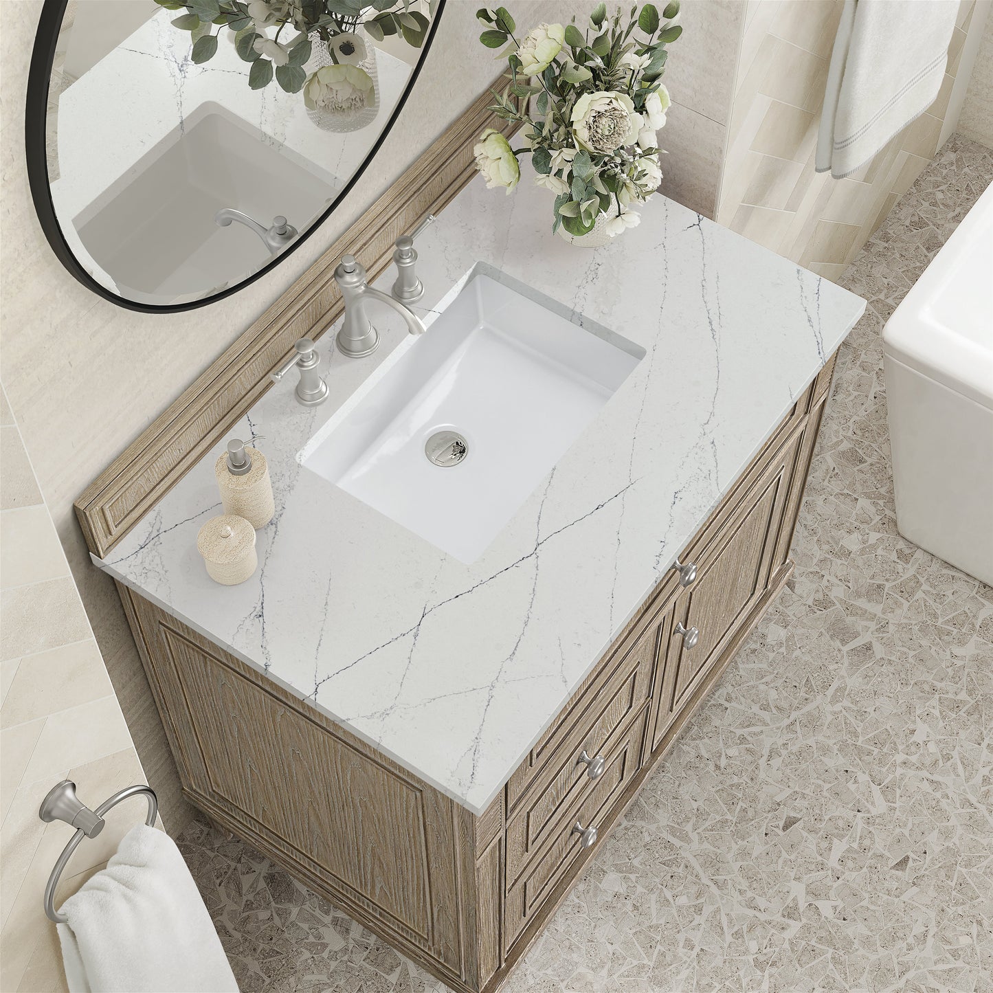 James Martin Vanities Lorelai 36" Whitewashed Oak Single Vanity With 3 CM Ethereal Noctis Quartz Top