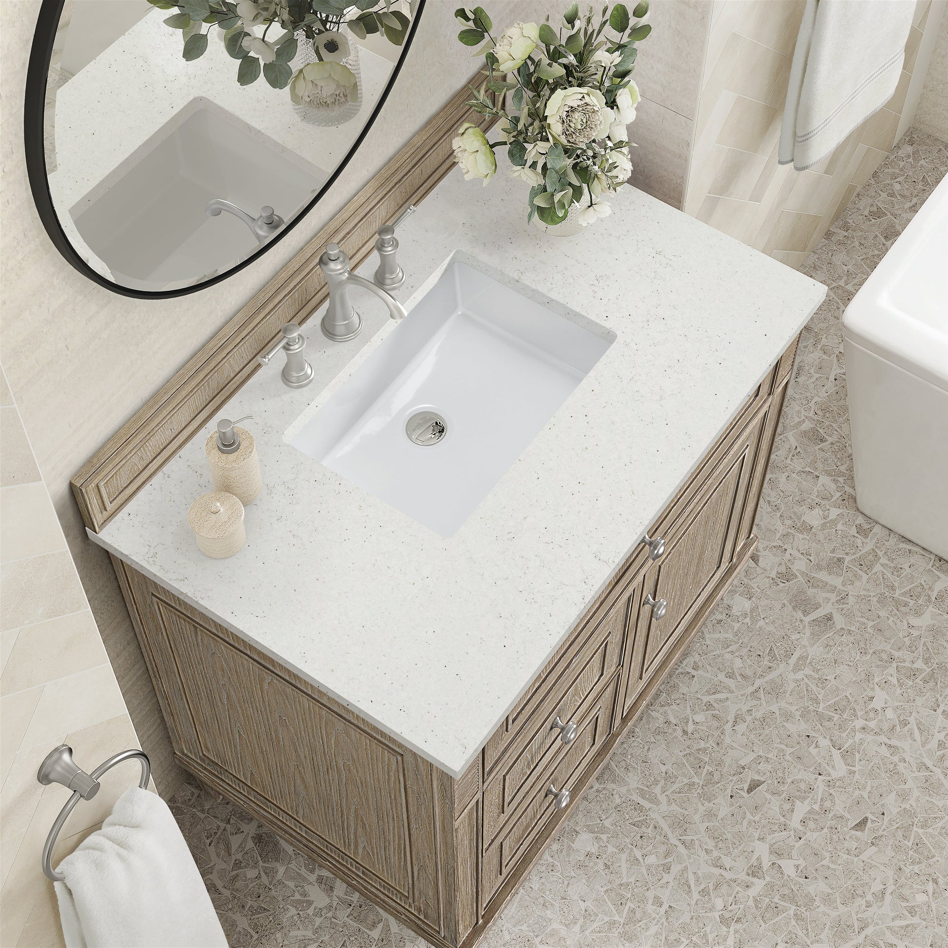 James Martin Vanities Lorelai 36" Whitewashed Oak Single Vanity With 3 CM Lime Delight Quartz Top