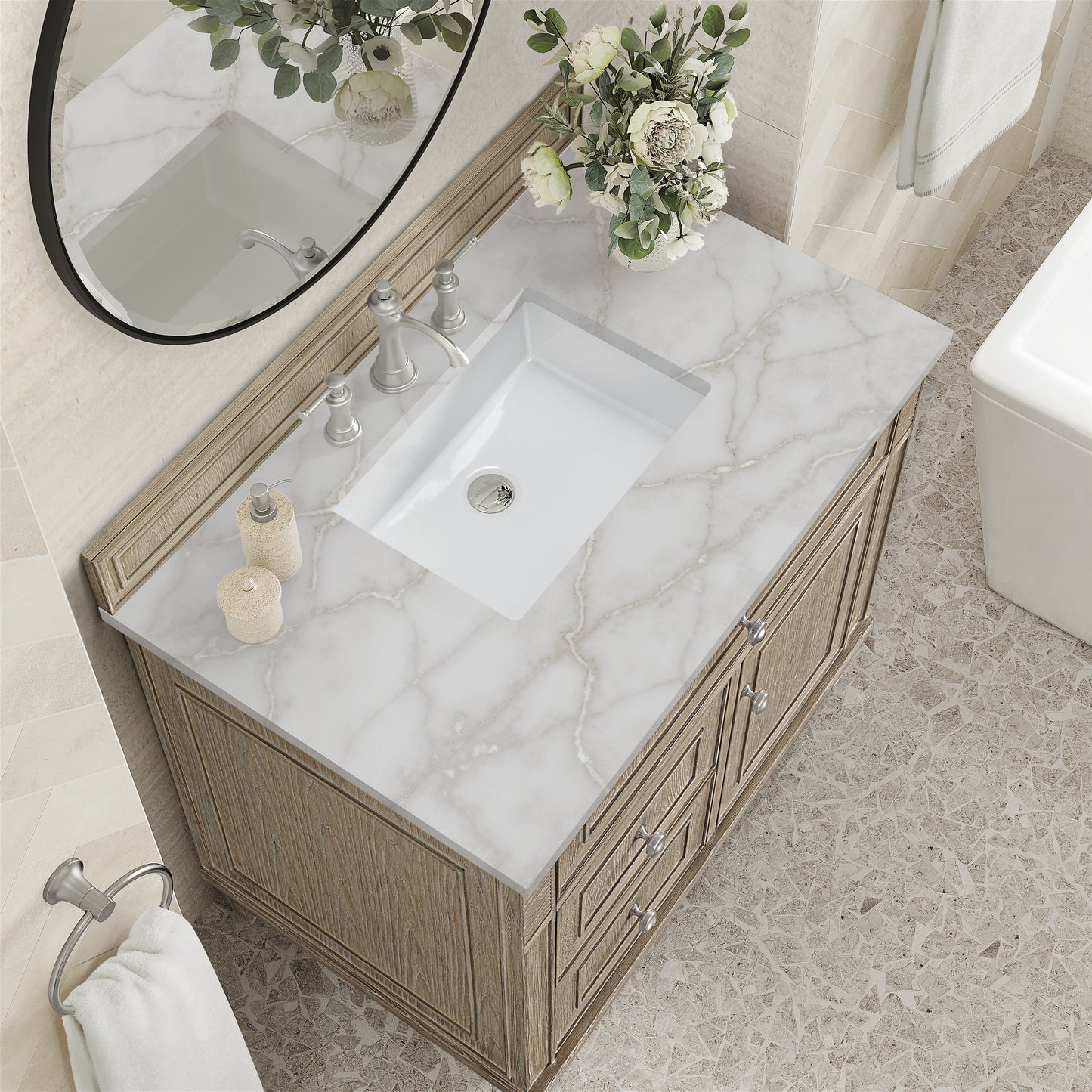 James Martin Vanities Lorelai 36" Whitewashed Oak Single Vanity With 3 CM Victorian Silver Quartz Top