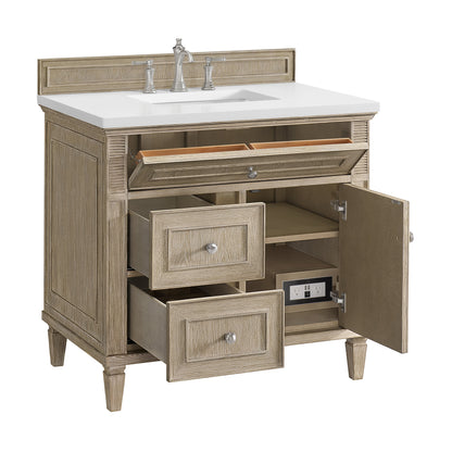 James Martin Vanities Lorelai 36" Whitewashed Oak Single Vanity With 3 CM White Zeus Quartz Top