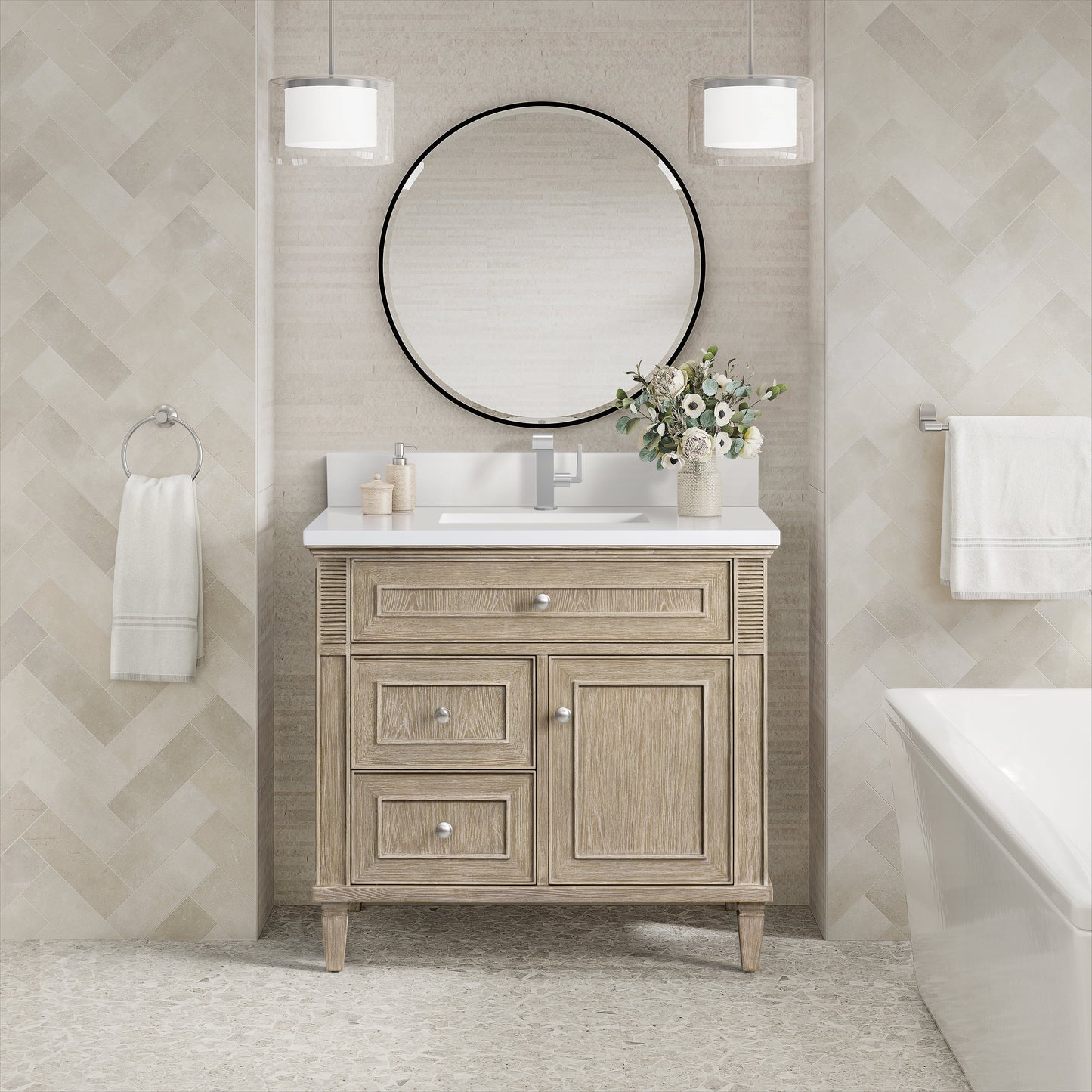 James Martin Vanities Lorelai 36" Whitewashed Oak Single Vanity With Single Hole 3 CM White Zeus Quartz Top & Backsplash