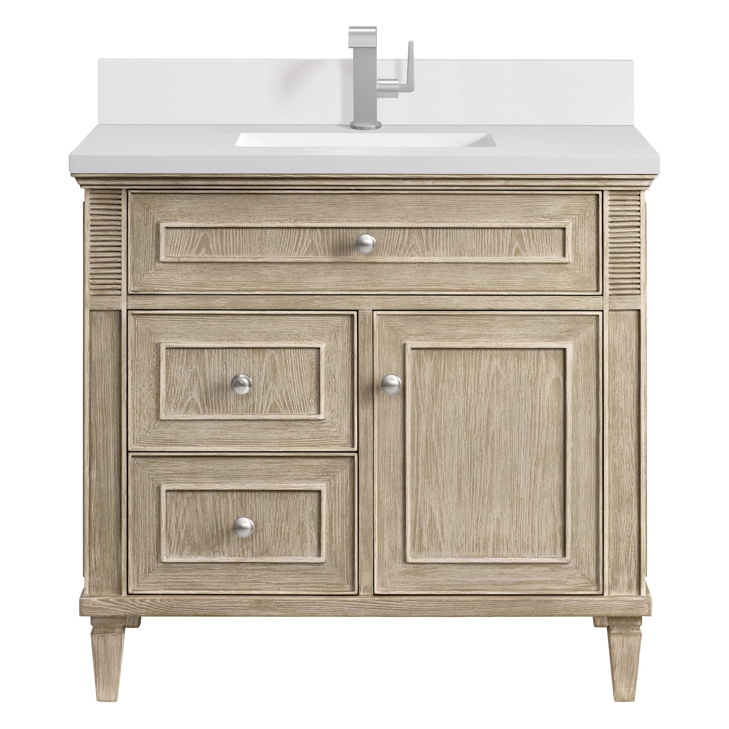 James Martin Vanities Lorelai 36" Whitewashed Oak Single Vanity With Single Hole 3 CM White Zeus Quartz Top & Backsplash