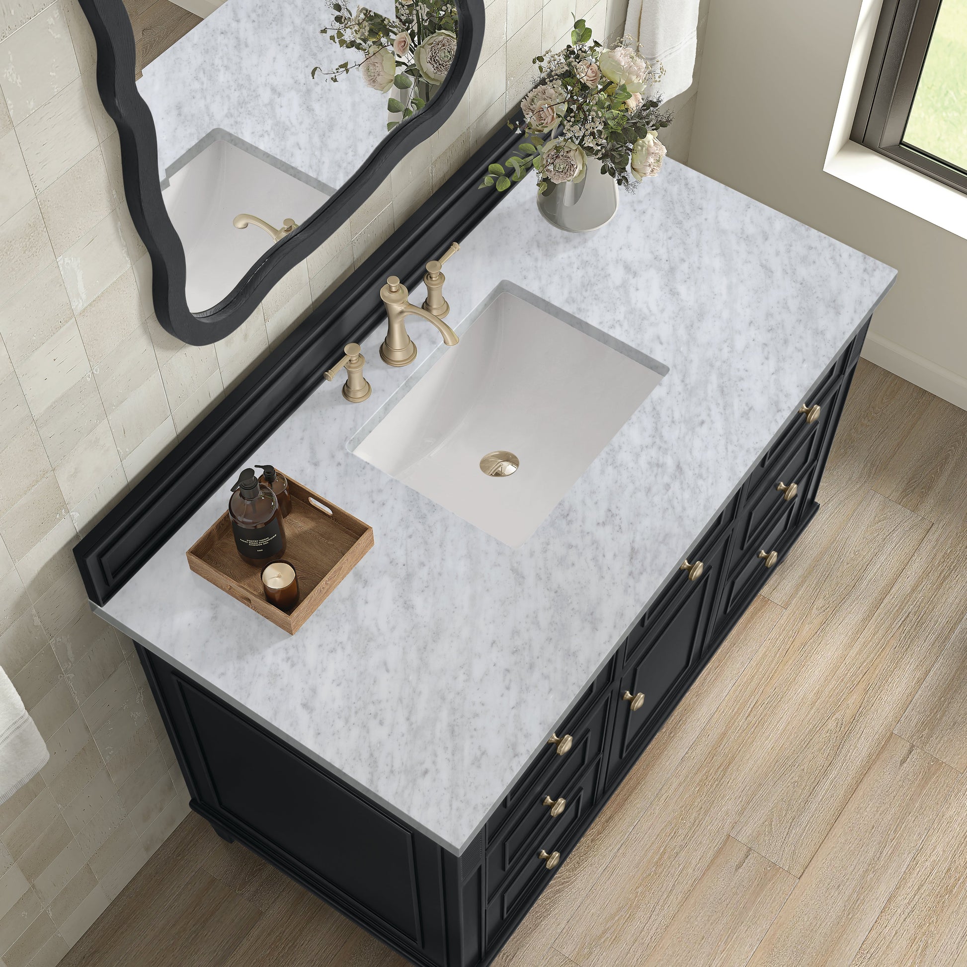 James Martin Vanities Lorelai 48" Black Onyx Single Vanity With 3 CM Carrara White Marble Top