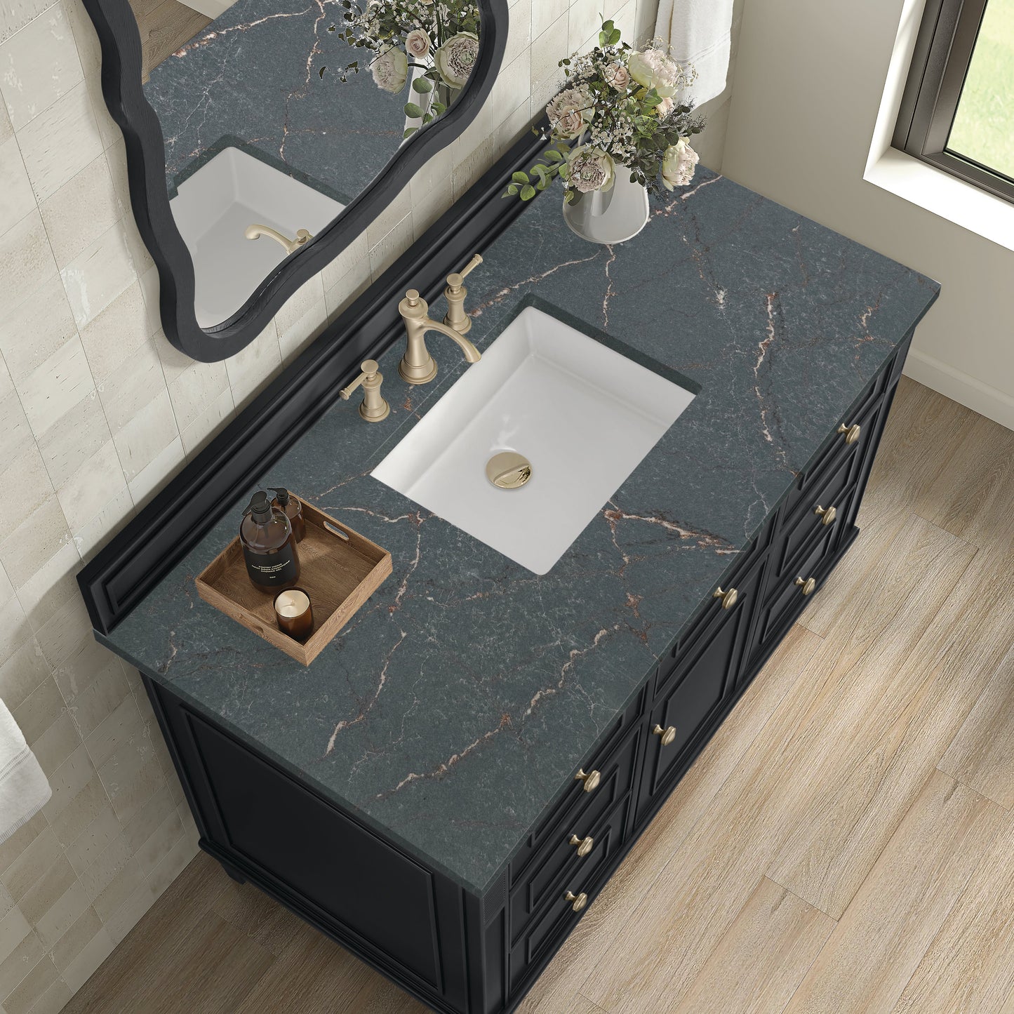 James Martin Vanities Lorelai 48" Black Onyx Single Vanity With 3 CM Parisien Bleu Quartz Top