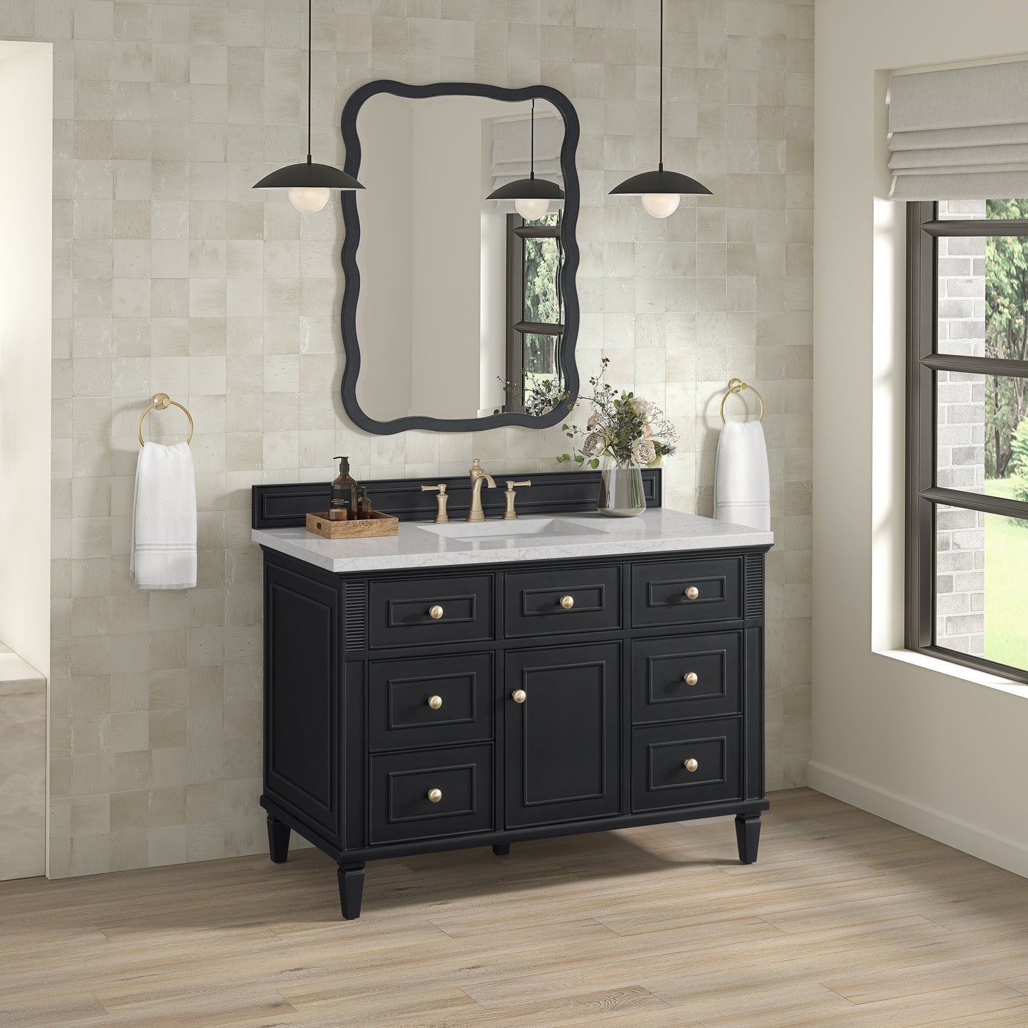 James Martin Vanities Lorelai 48" Black Onyx Single Vanity With 3 CM White Zeus Quartz Top