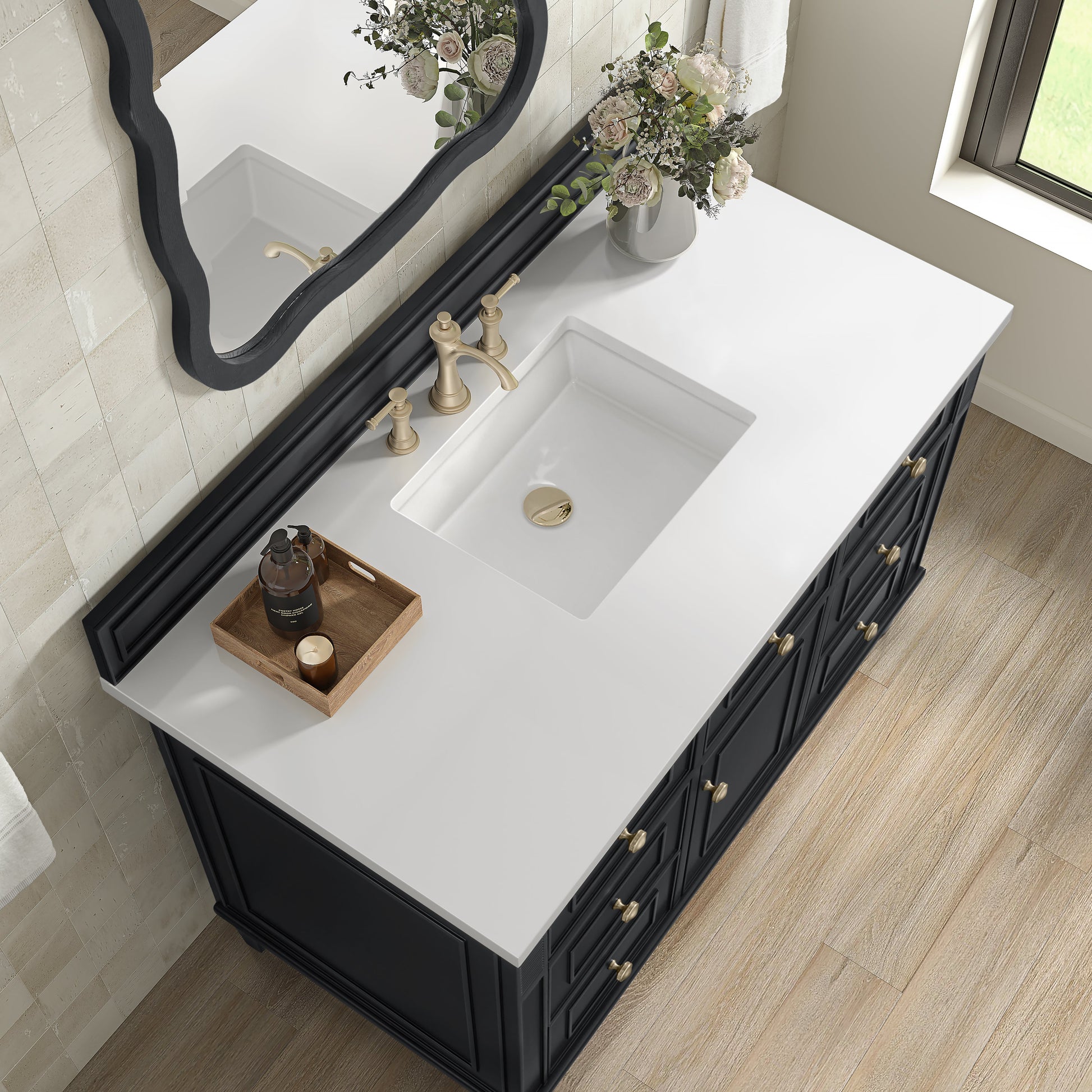 James Martin Vanities Lorelai 48" Black Onyx Single Vanity With 3 CM White Zeus Quartz Top