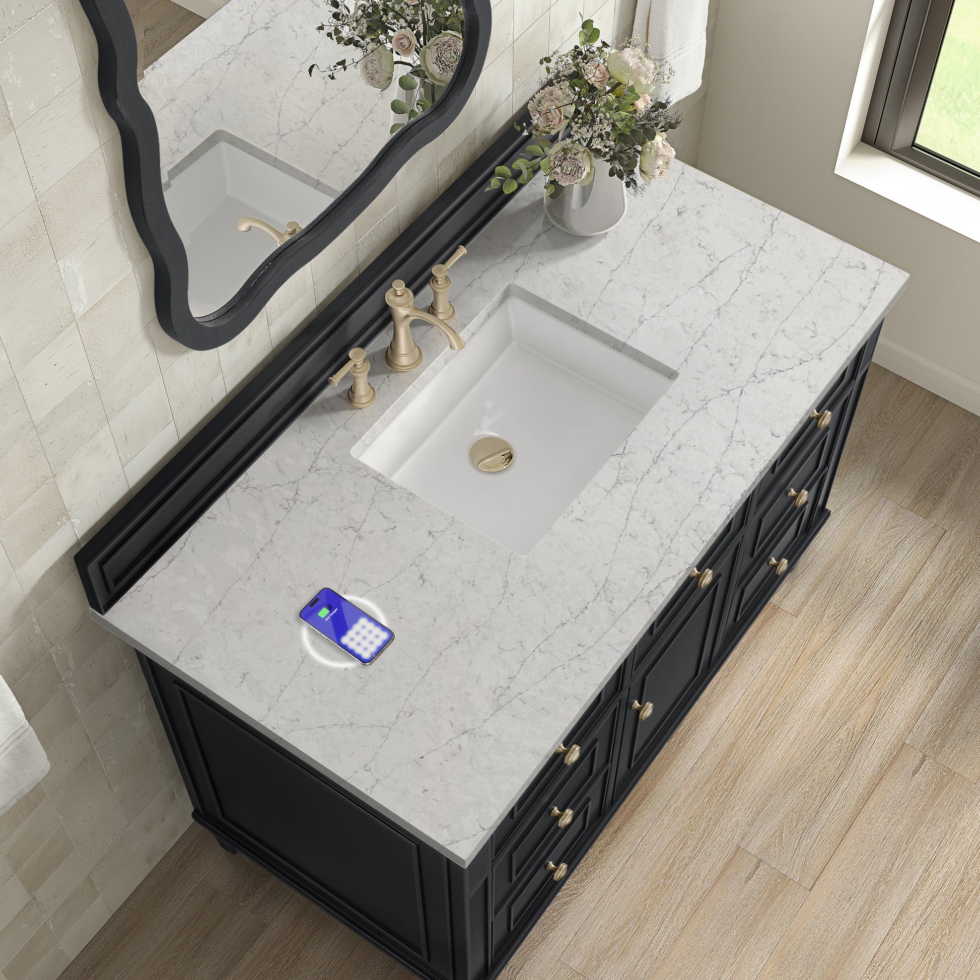 James Martin Vanities Lorelai 48" Black Onyx Single Vanity With 3 cm Eternal Jasmine Pearl Silestone Top and FreePower Wireless Charger