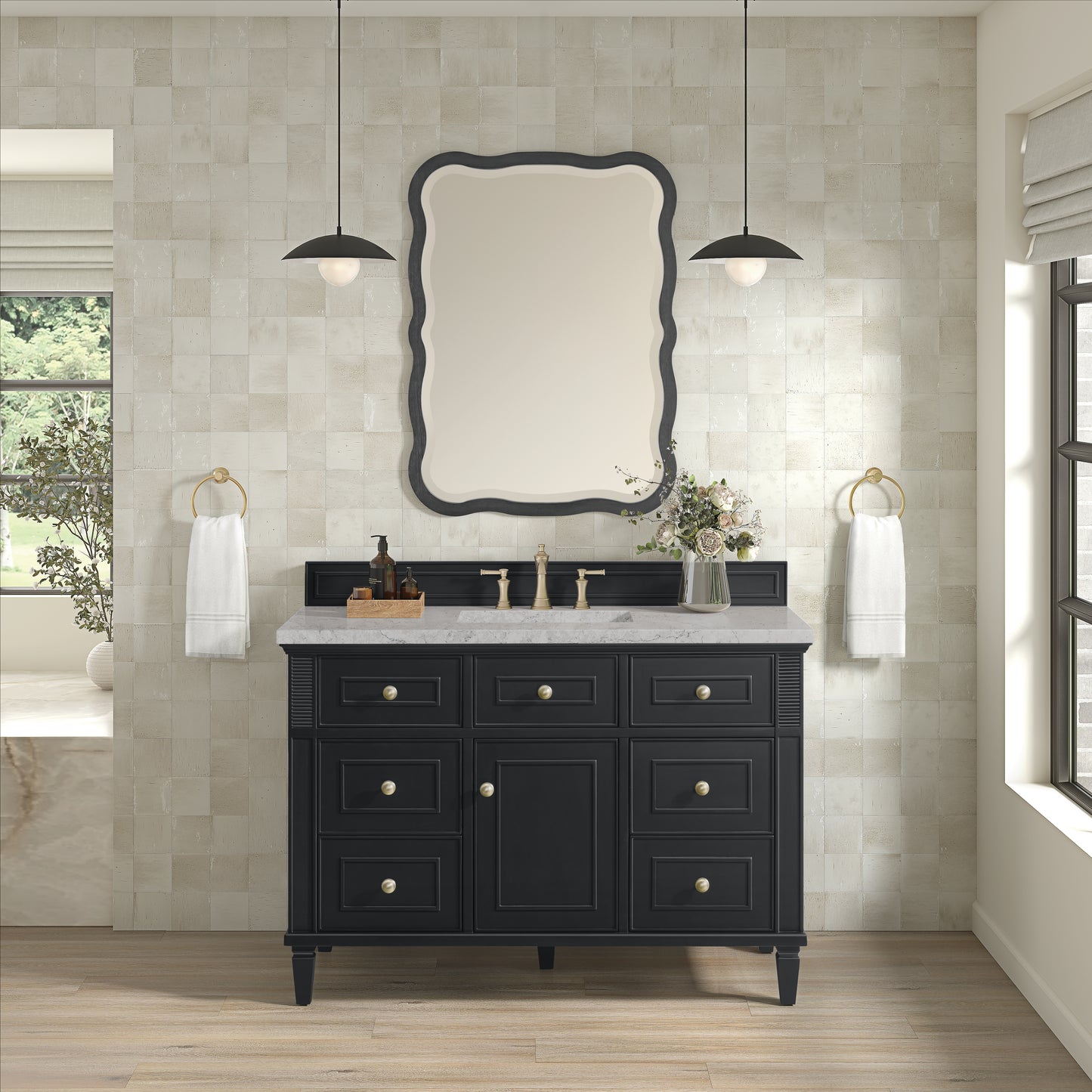 James Martin Vanities Lorelai 48" Black Onyx Single Vanity With 3 cm Eternal Jasmine Pearl Silestone Top and FreePower Wireless Charger