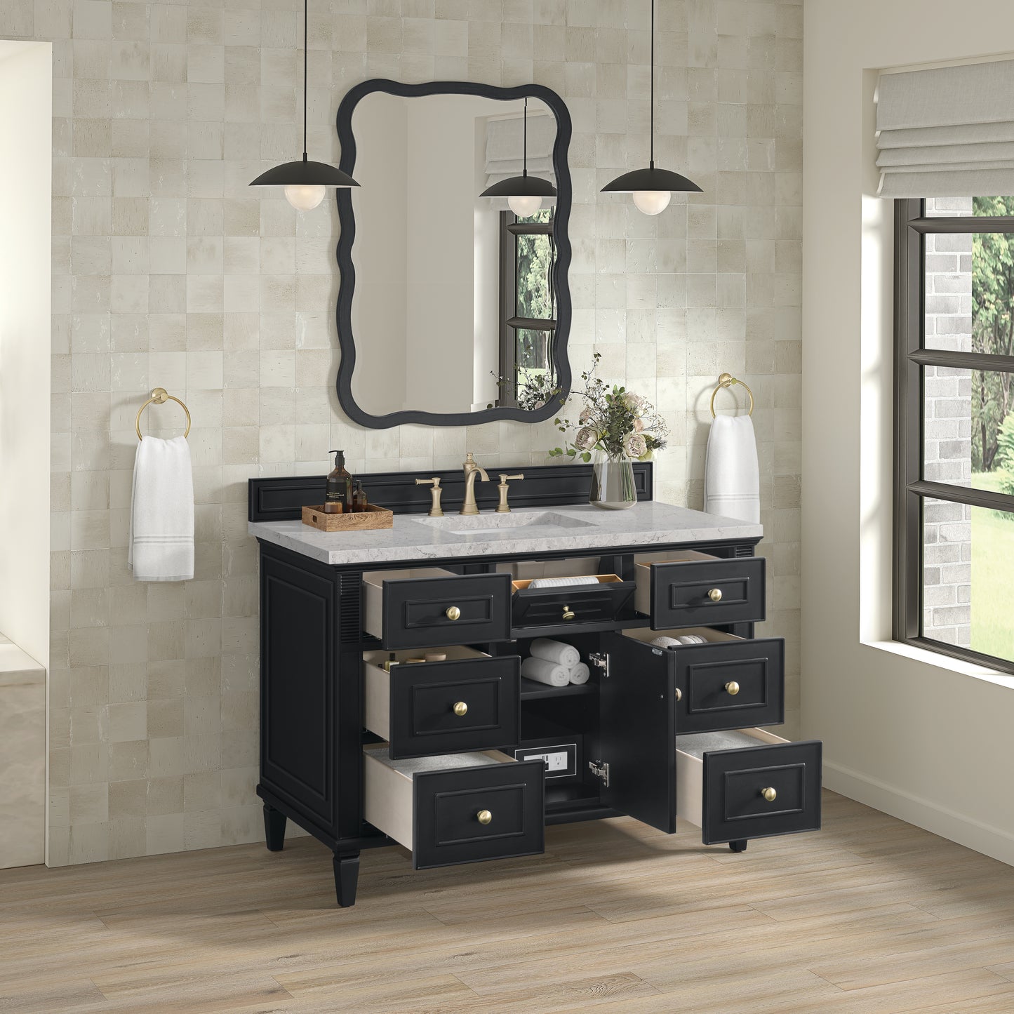 James Martin Vanities Lorelai 48" Black Onyx Single Vanity With 3 cm Eternal Jasmine Pearl Silestone Top and FreePower Wireless Charger