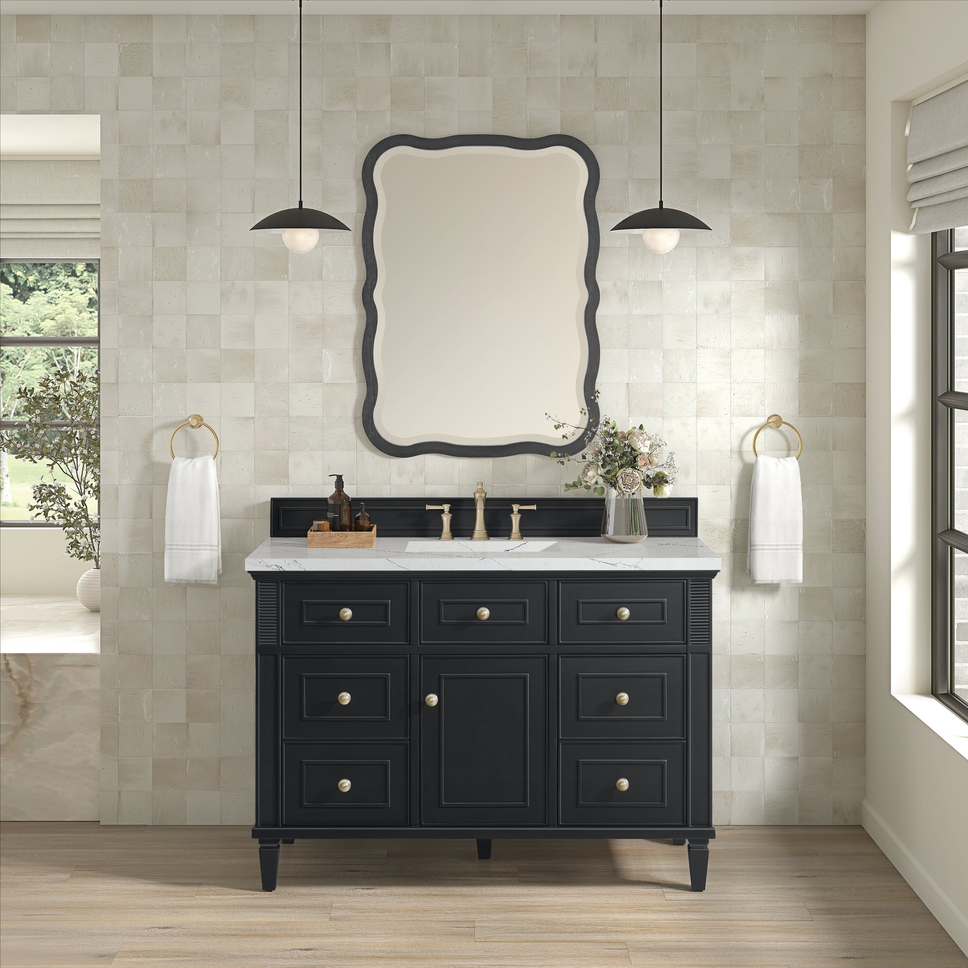 James Martin Vanities Lorelai 48" Black Onyx Single Vanity With 3 cm Ethereal Noctis Silestone Top and FreePower Wireless Charger