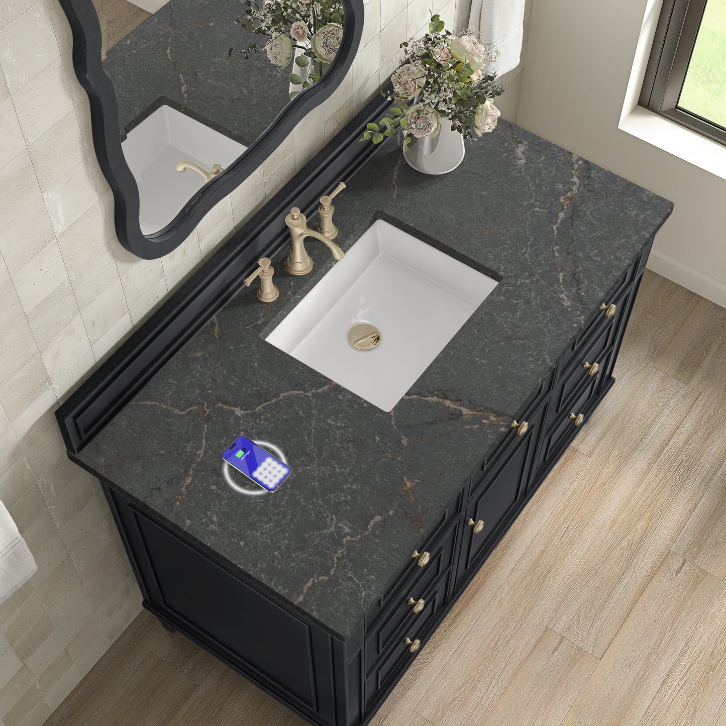 James Martin Vanities Lorelai 48" Black Onyx Single Vanity With 3 cm Parisien Bleu Silestone Top and FreePower Wireless Charger