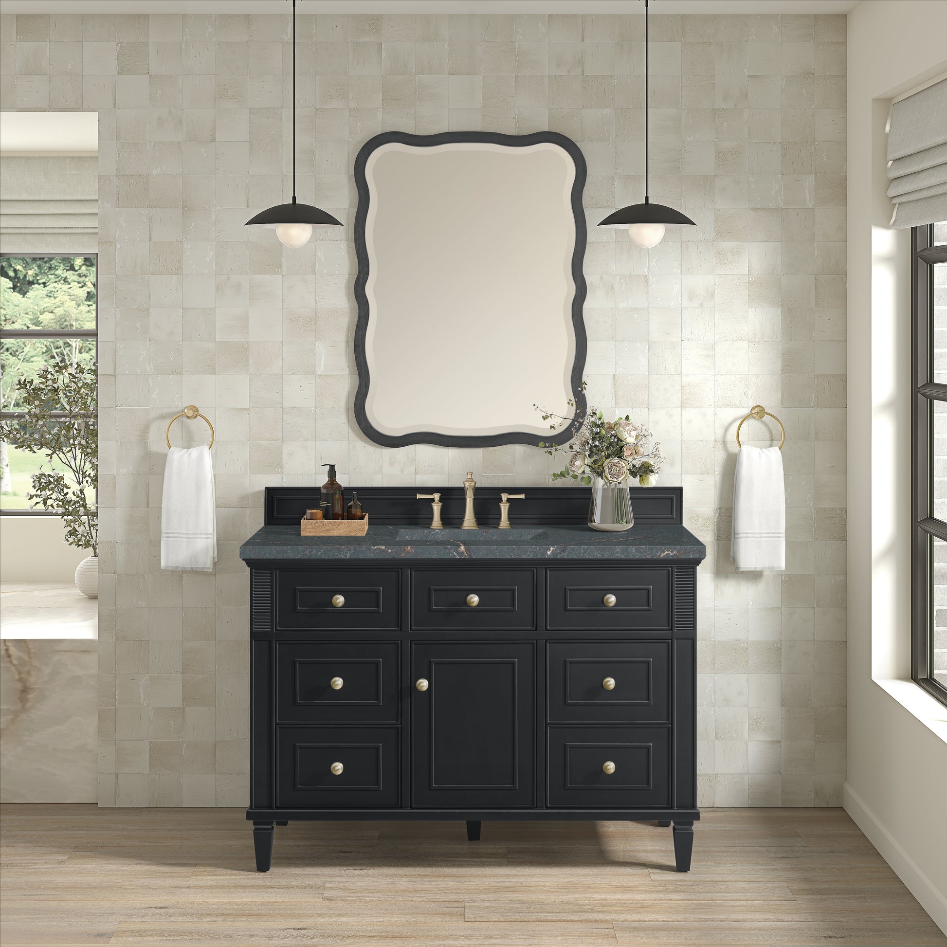 James Martin Vanities Lorelai 48" Black Onyx Single Vanity With 3 cm Parisien Bleu Silestone Top and FreePower Wireless Charger