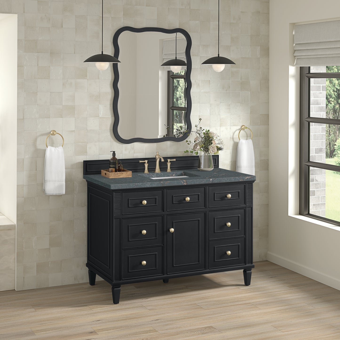 James Martin Vanities Lorelai 48" Black Onyx Single Vanity With 3 cm Parisien Bleu Silestone Top and FreePower Wireless Charger