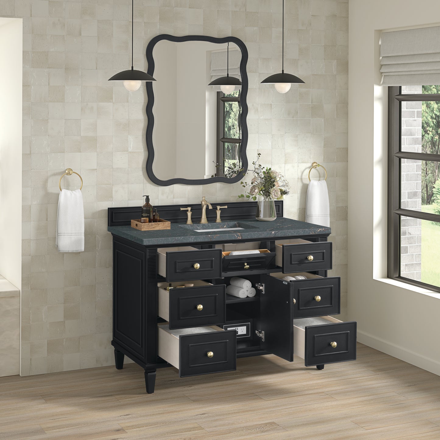 James Martin Vanities Lorelai 48" Black Onyx Single Vanity With 3 cm Parisien Bleu Silestone Top and FreePower Wireless Charger