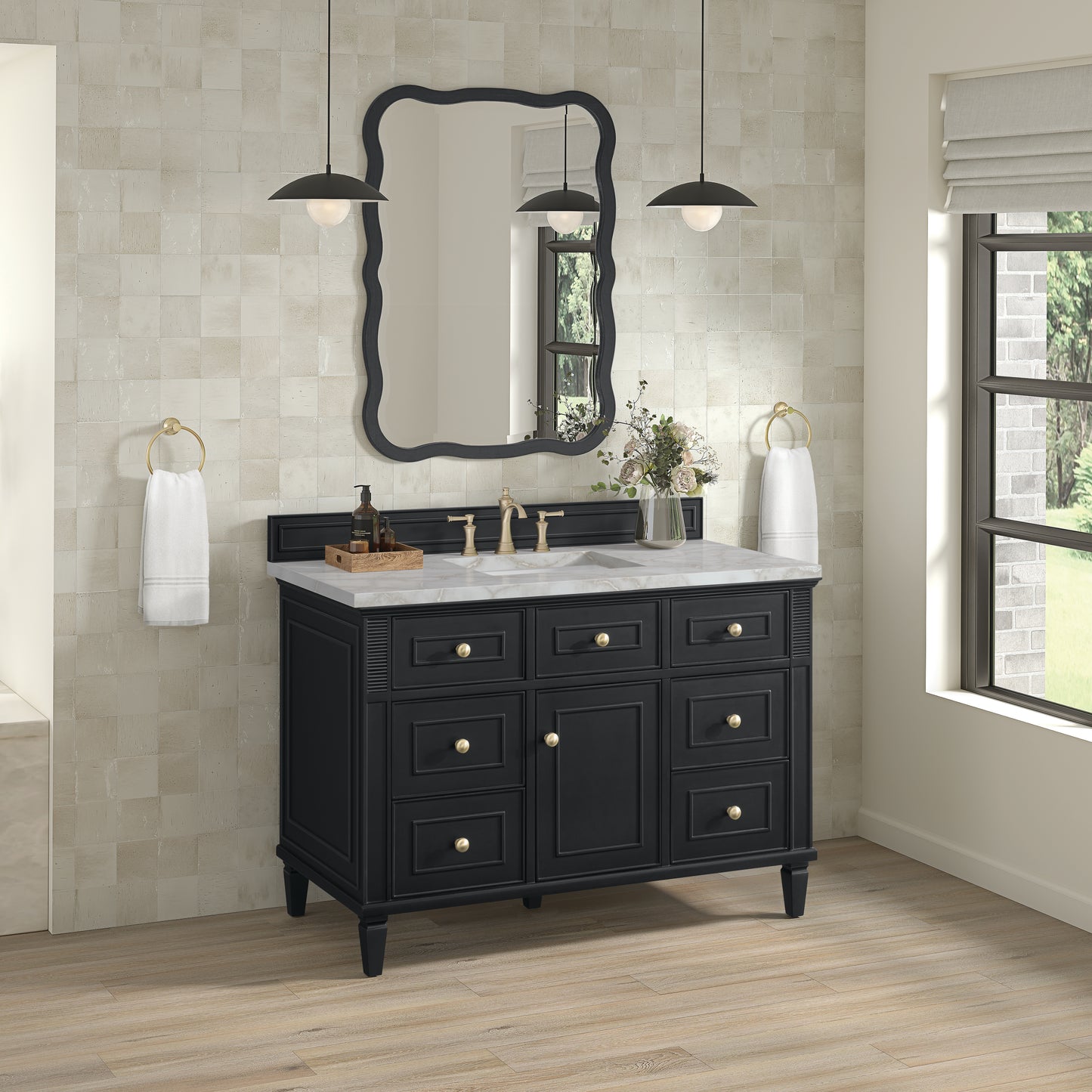 James Martin Vanities Lorelai 48" Black Onyx Single Vanity With 3 cm Victorian Silver Silestone Top and FreePower Wireless Charger