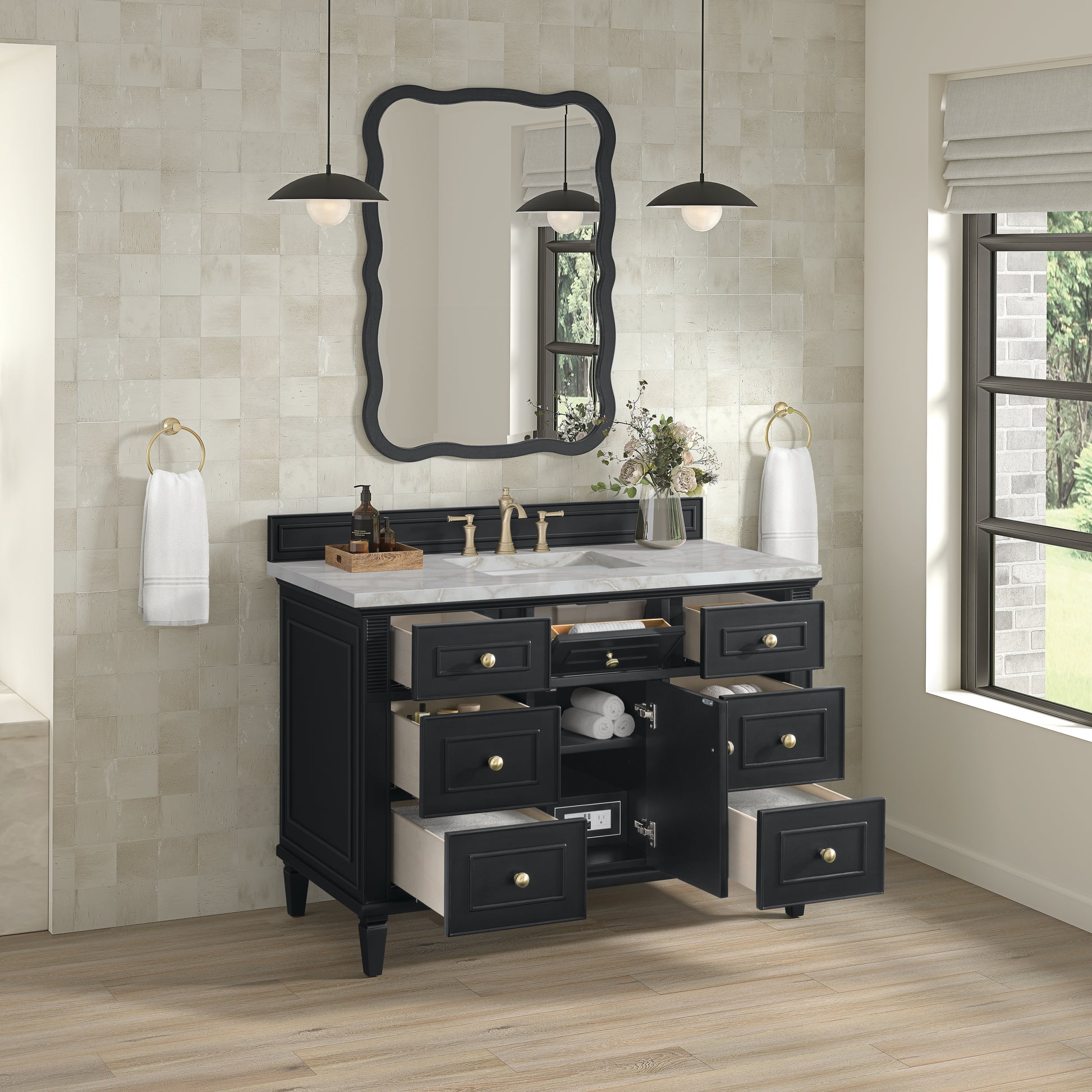 James Martin Vanities Lorelai 48" Black Onyx Single Vanity With 3 cm Victorian Silver Silestone Top and FreePower Wireless Charger