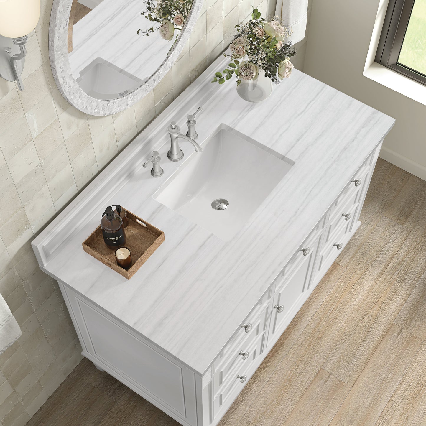 James Martin Vanities Lorelai 48" Bright White Single Vanity With 3 CM Arctic Fall Solid Surface Top