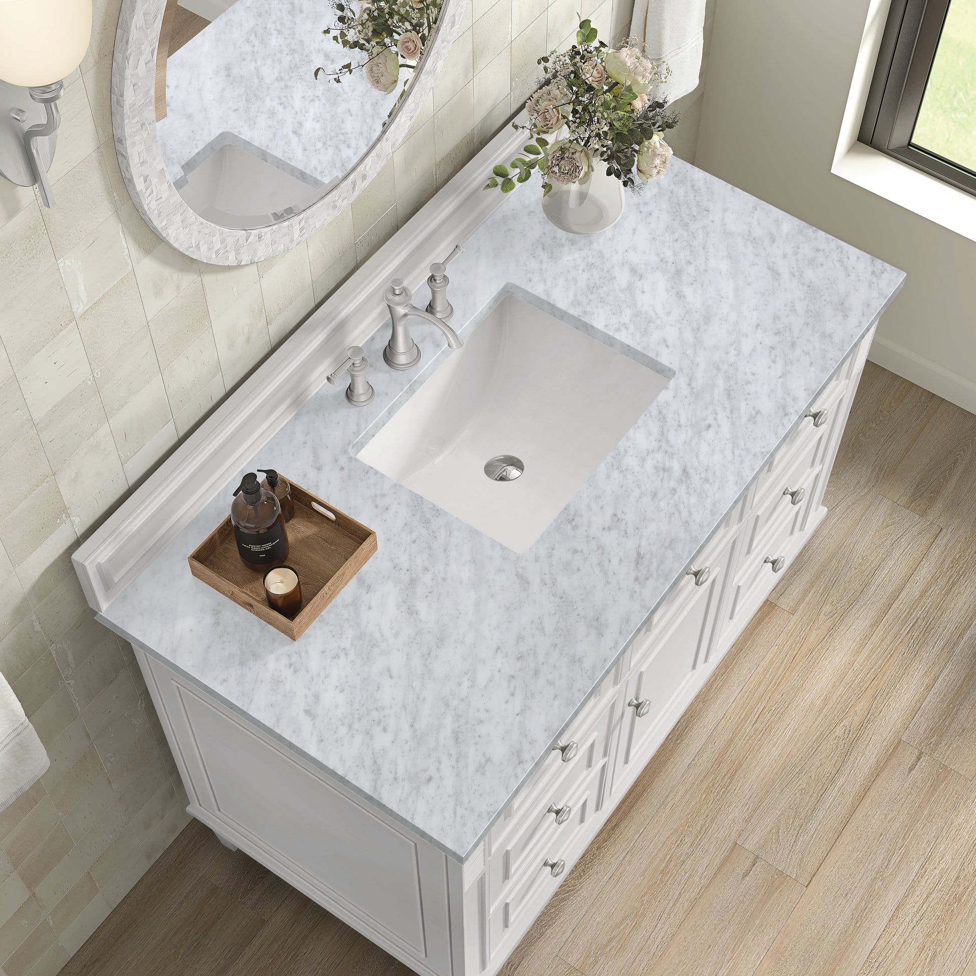 James Martin Vanities Lorelai 48" Bright White Single Vanity With 3 CM Carrara White Marble Top