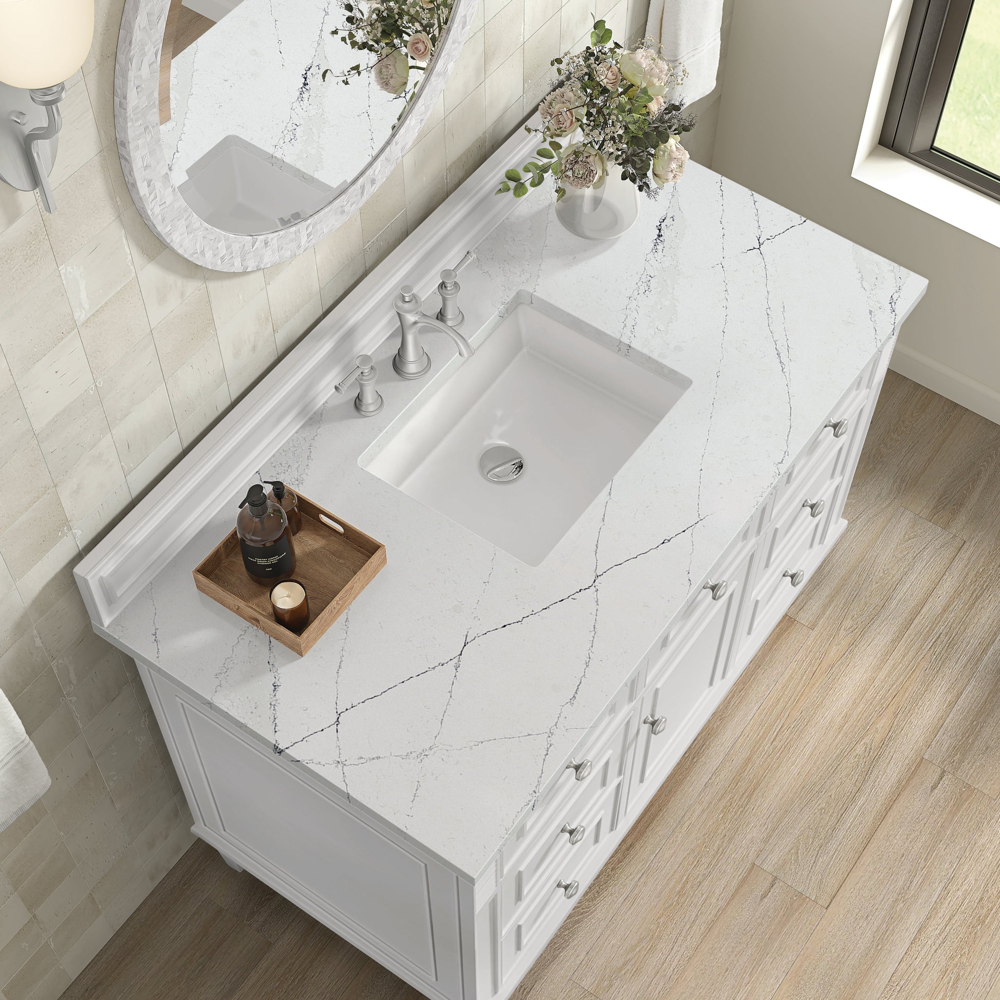 James Martin Vanities Lorelai 48" Bright White Single Vanity With 3 CM Ethereal Noctis Quartz Top