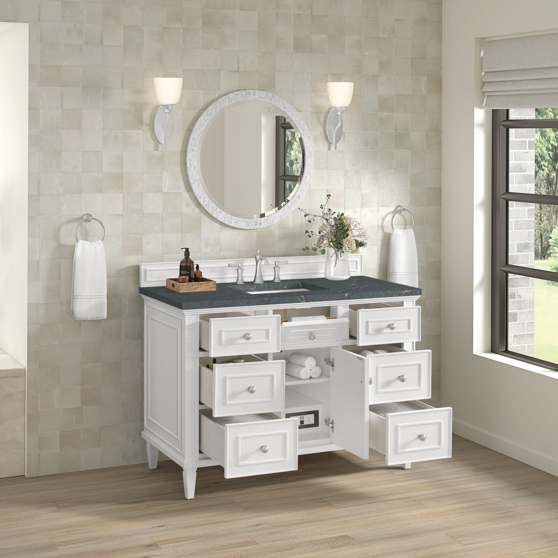 James Martin Vanities Lorelai 48" Bright White Single Vanity With 3 CM Parisien Bleu Quartz Top