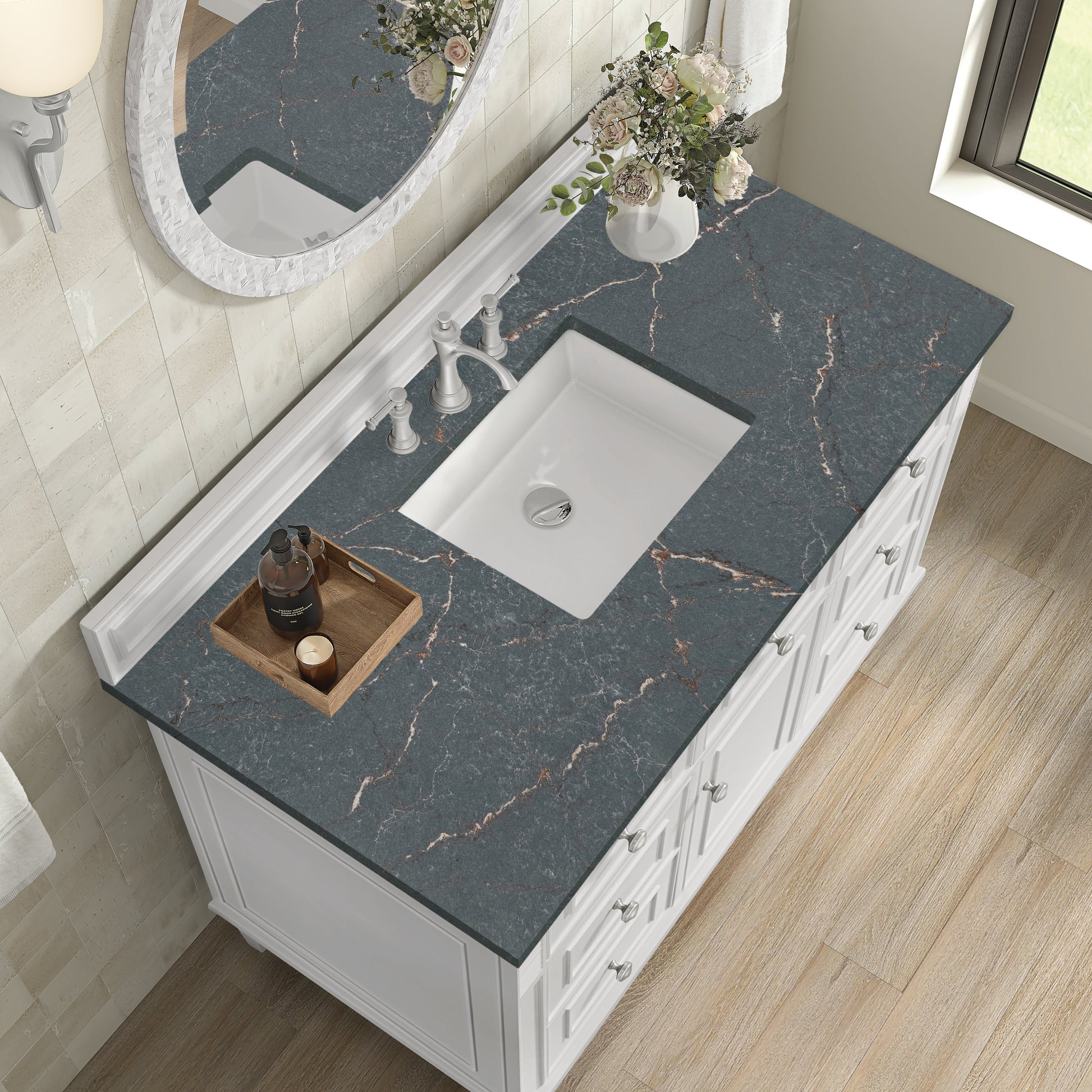 James Martin Vanities Lorelai 48" Bright White Single Vanity With 3 CM Parisien Bleu Quartz Top