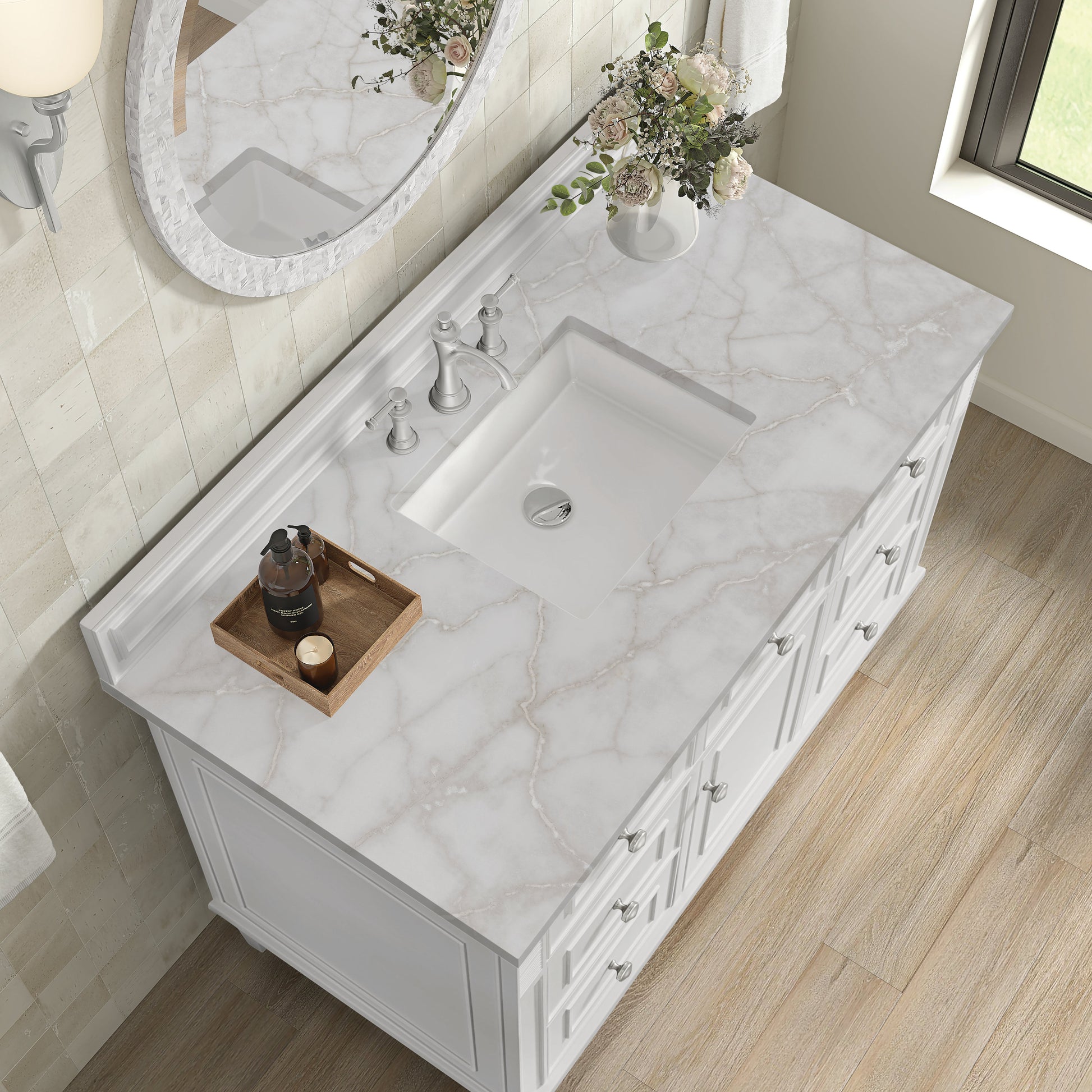 James Martin Vanities Lorelai 48" Bright White Single Vanity With 3 CM Victorian Silver Quartz Top