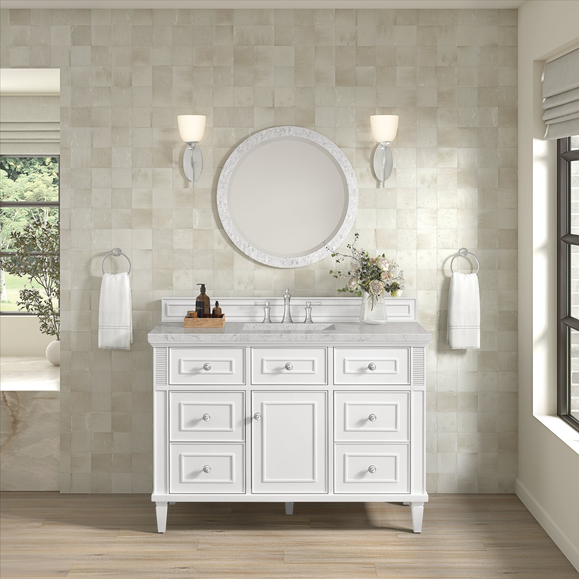 James Martin Vanities Lorelai 48" Bright White Single Vanity With 3 cm Eternal Jasmine Pearl Silestone Top and FreePower Wireless Charger