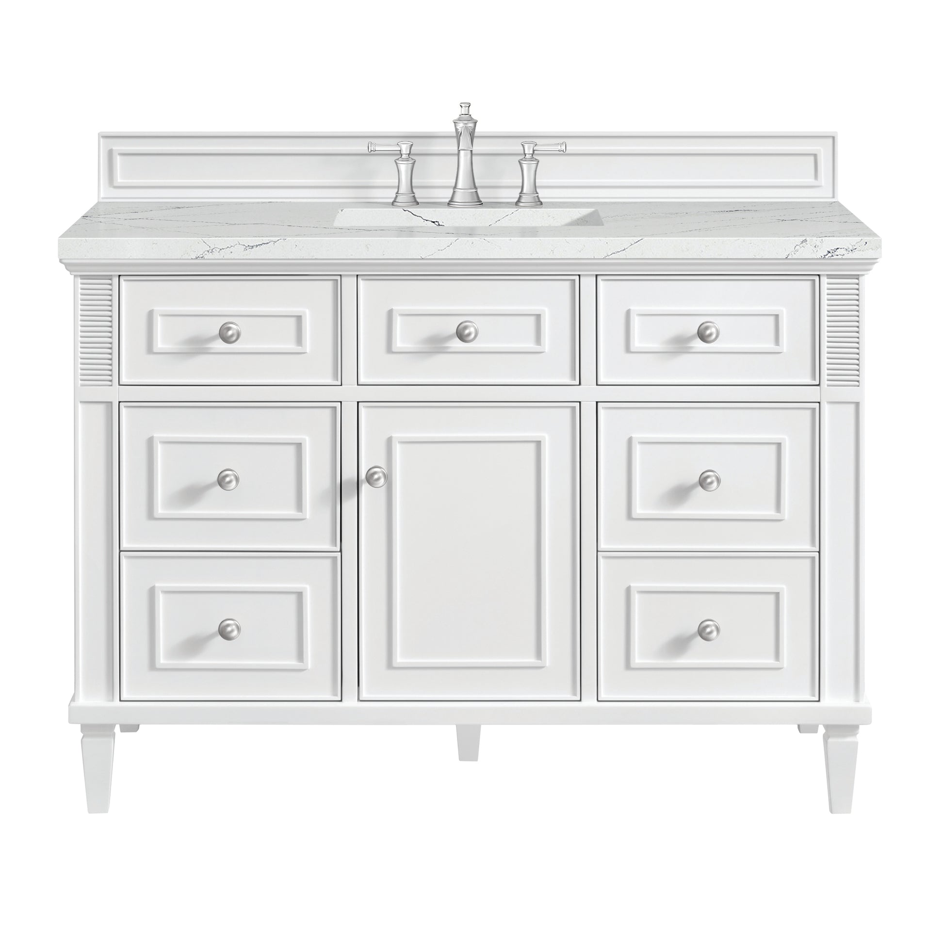 James Martin Vanities Lorelai 48" Bright White Single Vanity With 3 cm Ethereal Noctis Silestone Top and FreePower Wireless Charger