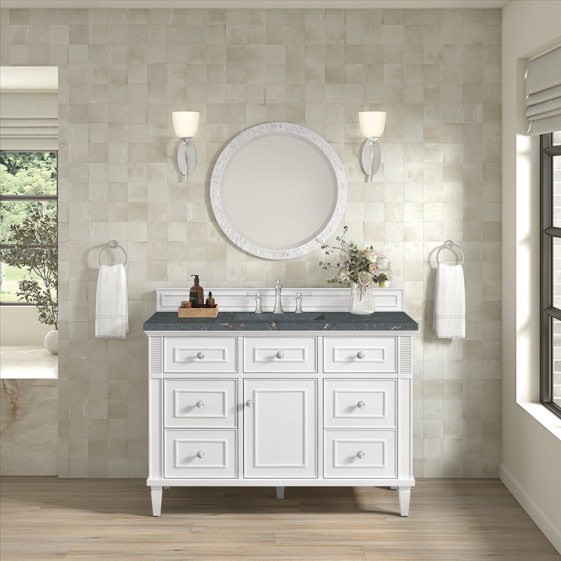 James Martin Vanities Lorelai 48" Bright White Single Vanity With 3 cm Parisien Bleu Silestone Top and FreePower Wireless Charger