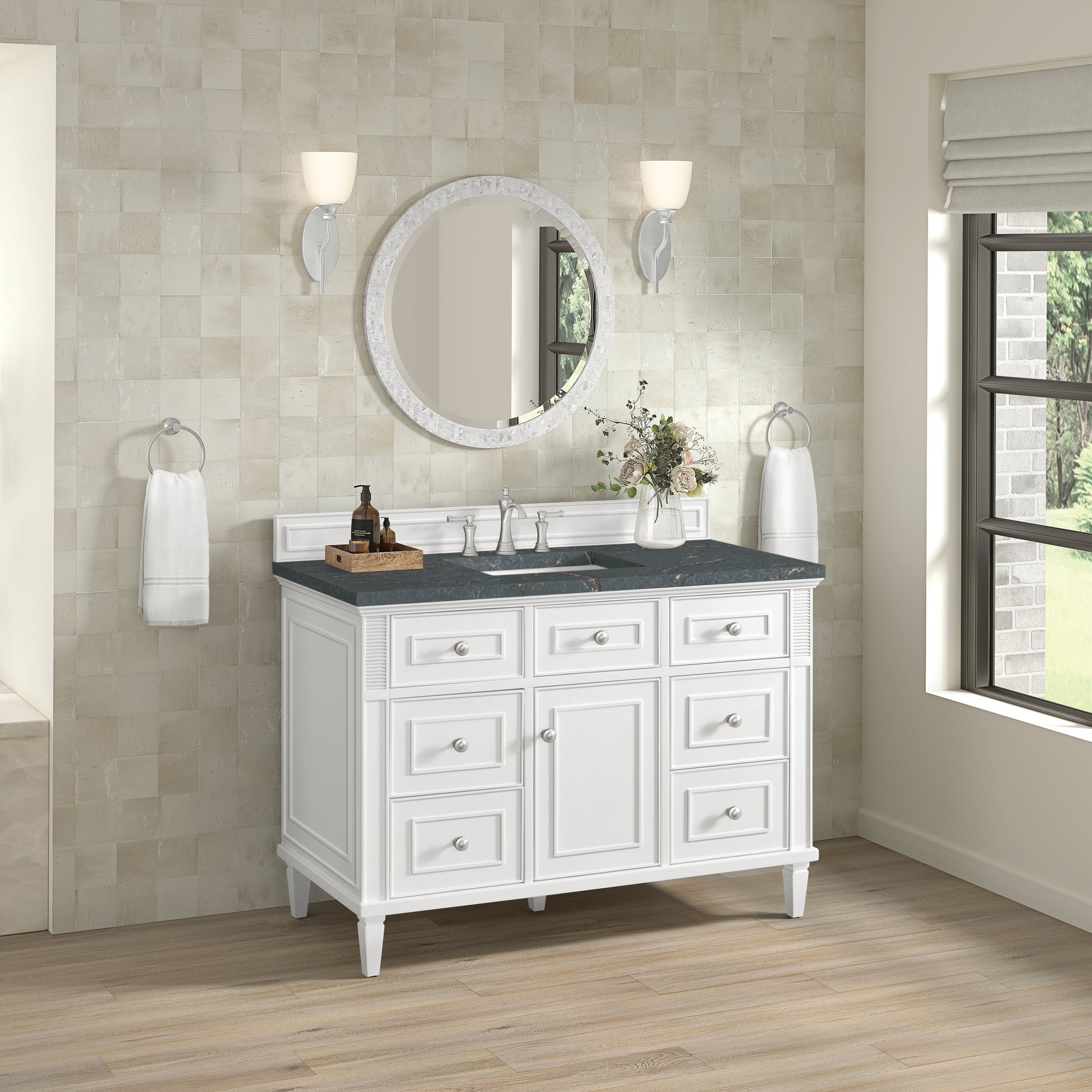 James Martin Vanities Lorelai 48" Bright White Single Vanity With 3 cm Parisien Bleu Silestone Top and FreePower Wireless Charger