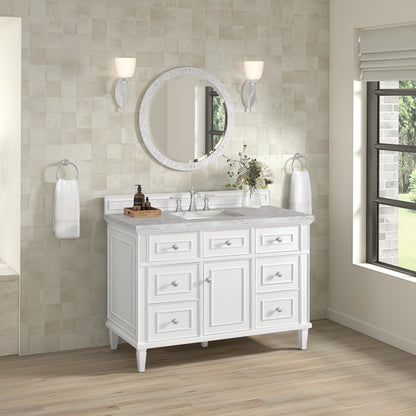James Martin Vanities Lorelai 48" Bright White Single Vanity With 3 cm Victorian Silver Silestone Top and FreePower Wireless Charger