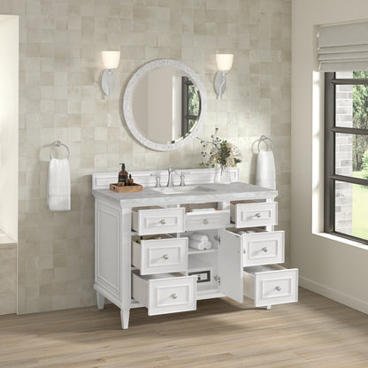 James Martin Vanities Lorelai 48" Bright White Single Vanity With 3 cm Victorian Silver Silestone Top and FreePower Wireless Charger