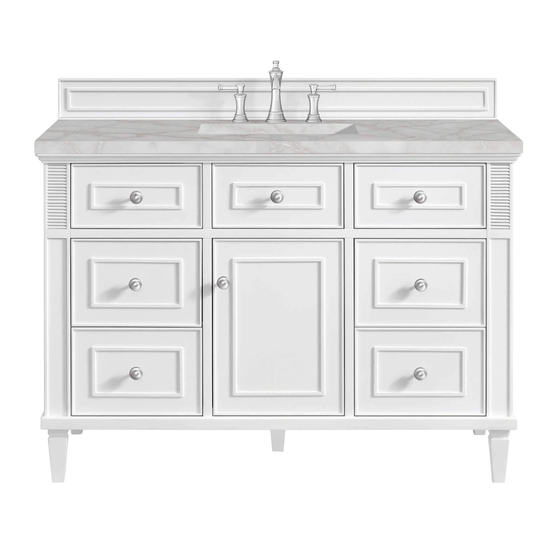 James Martin Vanities Lorelai 48" Bright White Single Vanity With 3 cm Victorian Silver Silestone Top and FreePower Wireless Charger