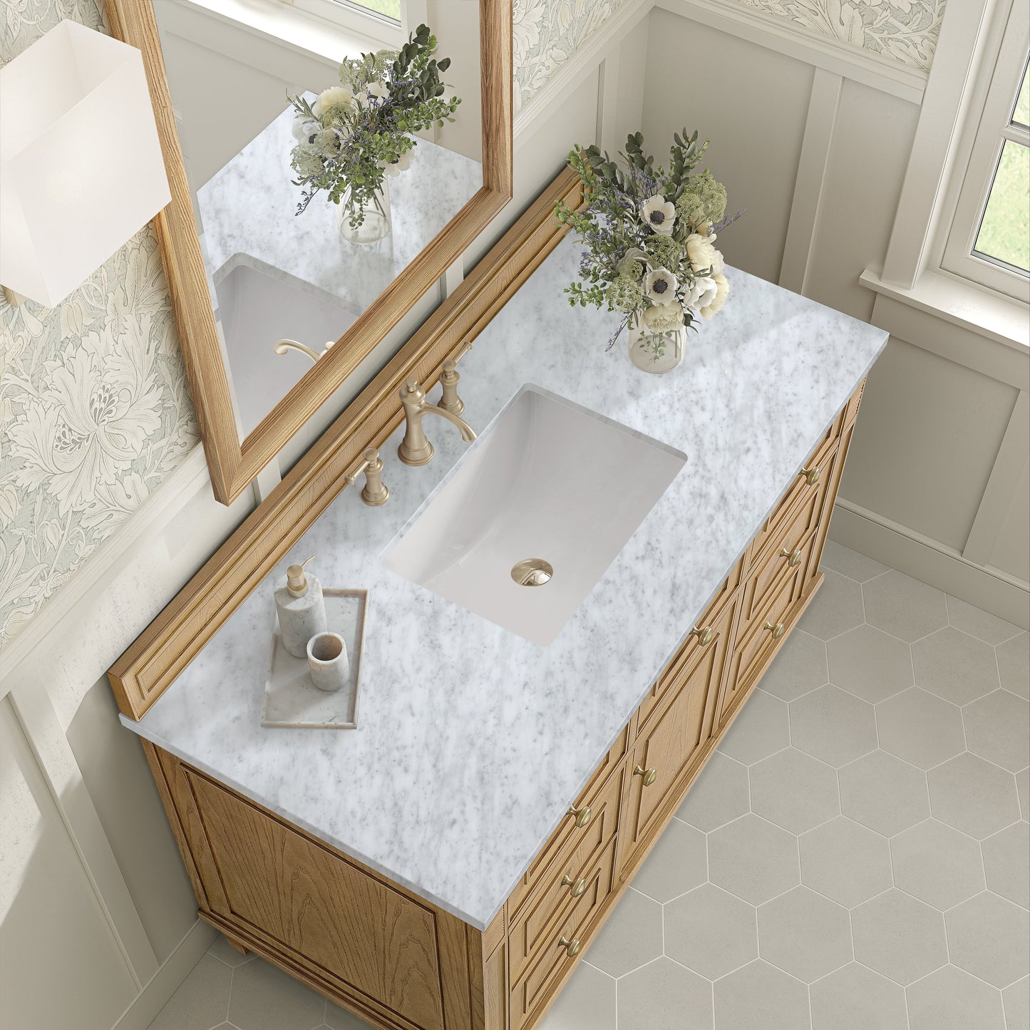 James Martin Vanities Lorelai 48" Light Natural Oak Single Vanity With 3 CM Carrara White Marble Top