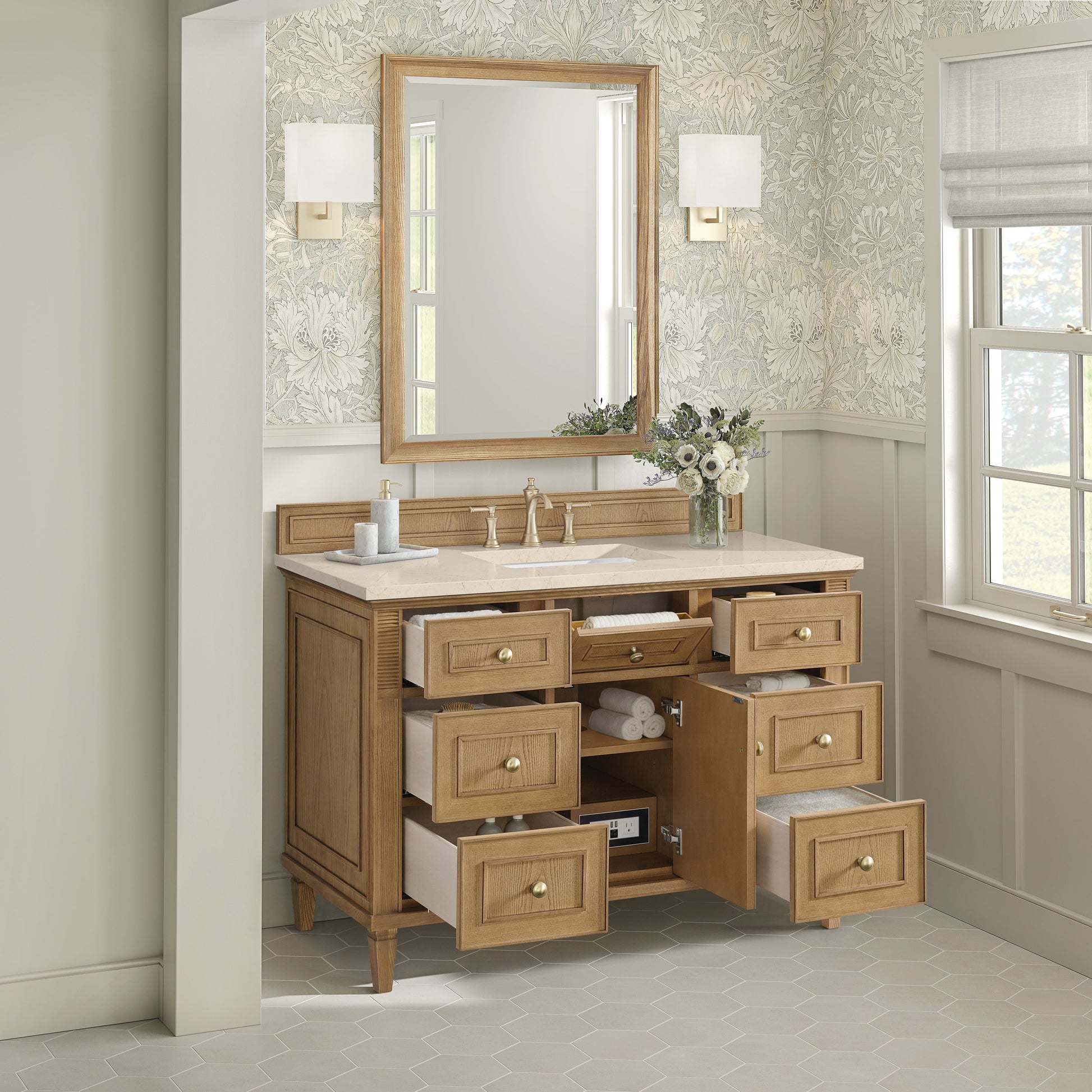 James Martin Vanities Lorelai 48" Light Natural Oak Single Vanity With 3 CM Eternal Marfil Quartz Top