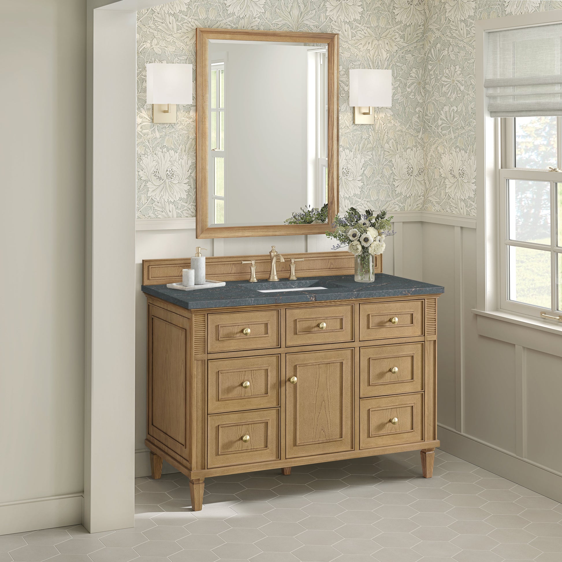 James Martin Vanities Lorelai 48" Light Natural Oak Single Vanity With 3 CM Parisien Bleu Quartz Top