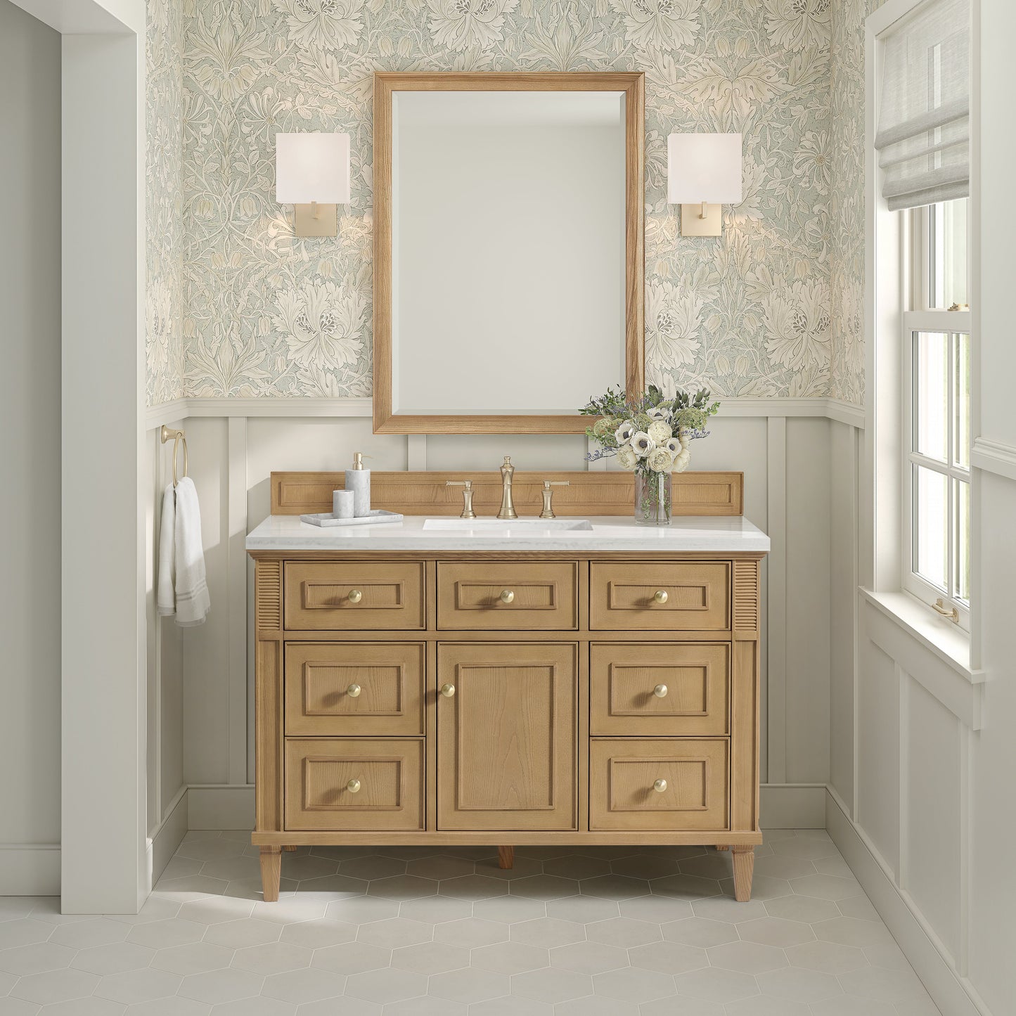 James Martin Vanities Lorelai 48" Light Natural Oak Single Vanity With 3 CM White Zeus Quartz Top