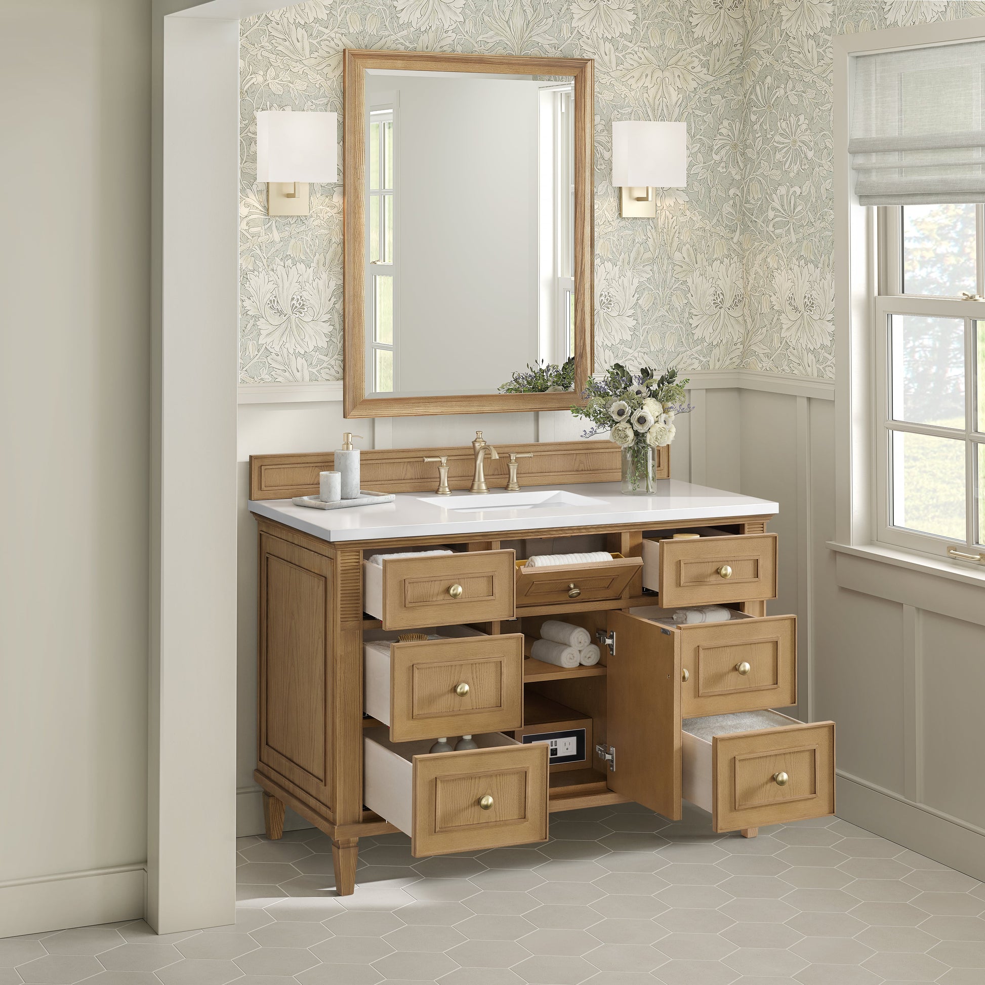 James Martin Vanities Lorelai 48" Light Natural Oak Single Vanity With 3 CM White Zeus Quartz Top