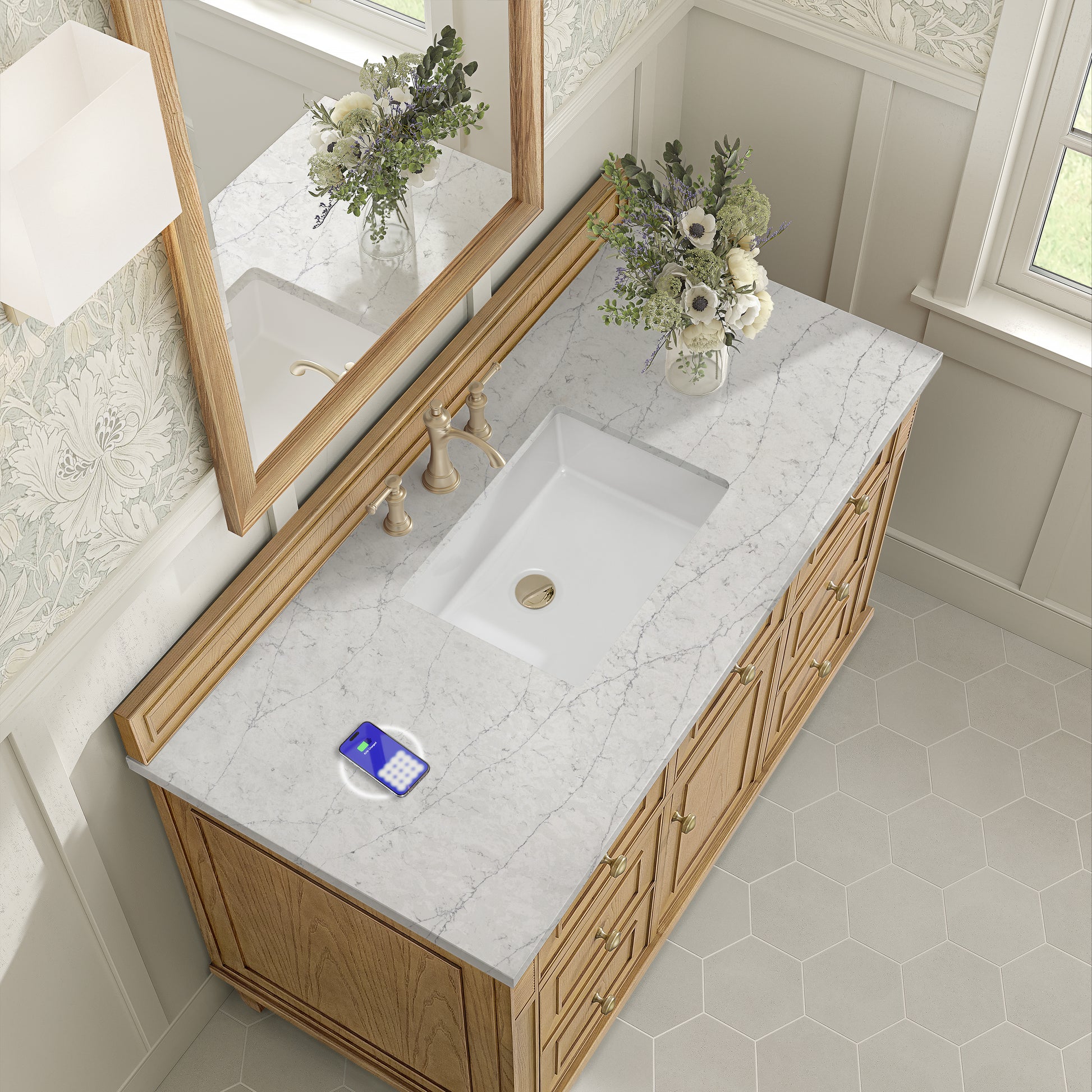 James Martin Vanities Lorelai 48" Light Natural Oak Single Vanity With 3 cm Eternal Jasmine Pearl Silestone Top and FreePower Wireless Charger