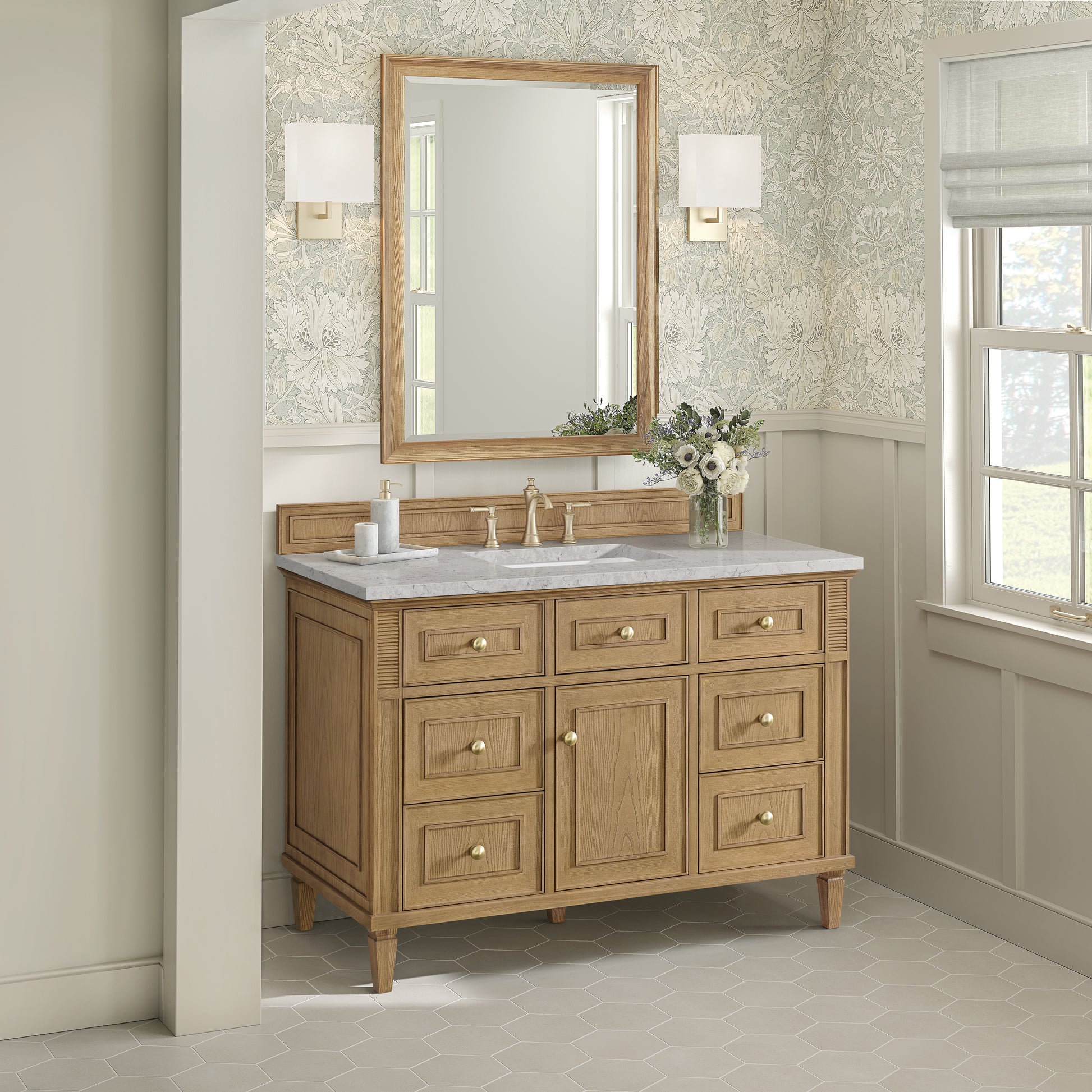 James Martin Vanities Lorelai 48" Light Natural Oak Single Vanity With 3 cm Eternal Jasmine Pearl Silestone Top and FreePower Wireless Charger