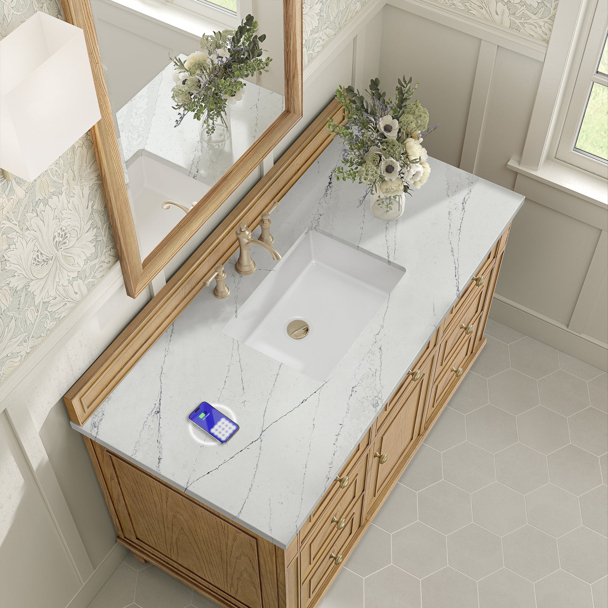 James Martin Vanities Lorelai 48" Light Natural Oak Single Vanity With 3 cm Ethereal Noctis Silestone Top and FreePower Wireless Charger